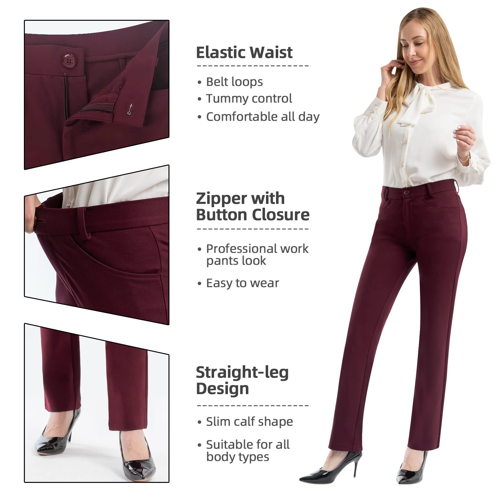 PUWEER Women's Stretch Work Pants with Pockets - Straight Leg Business Casual Slacks for Office, Travel & Everyday Wear