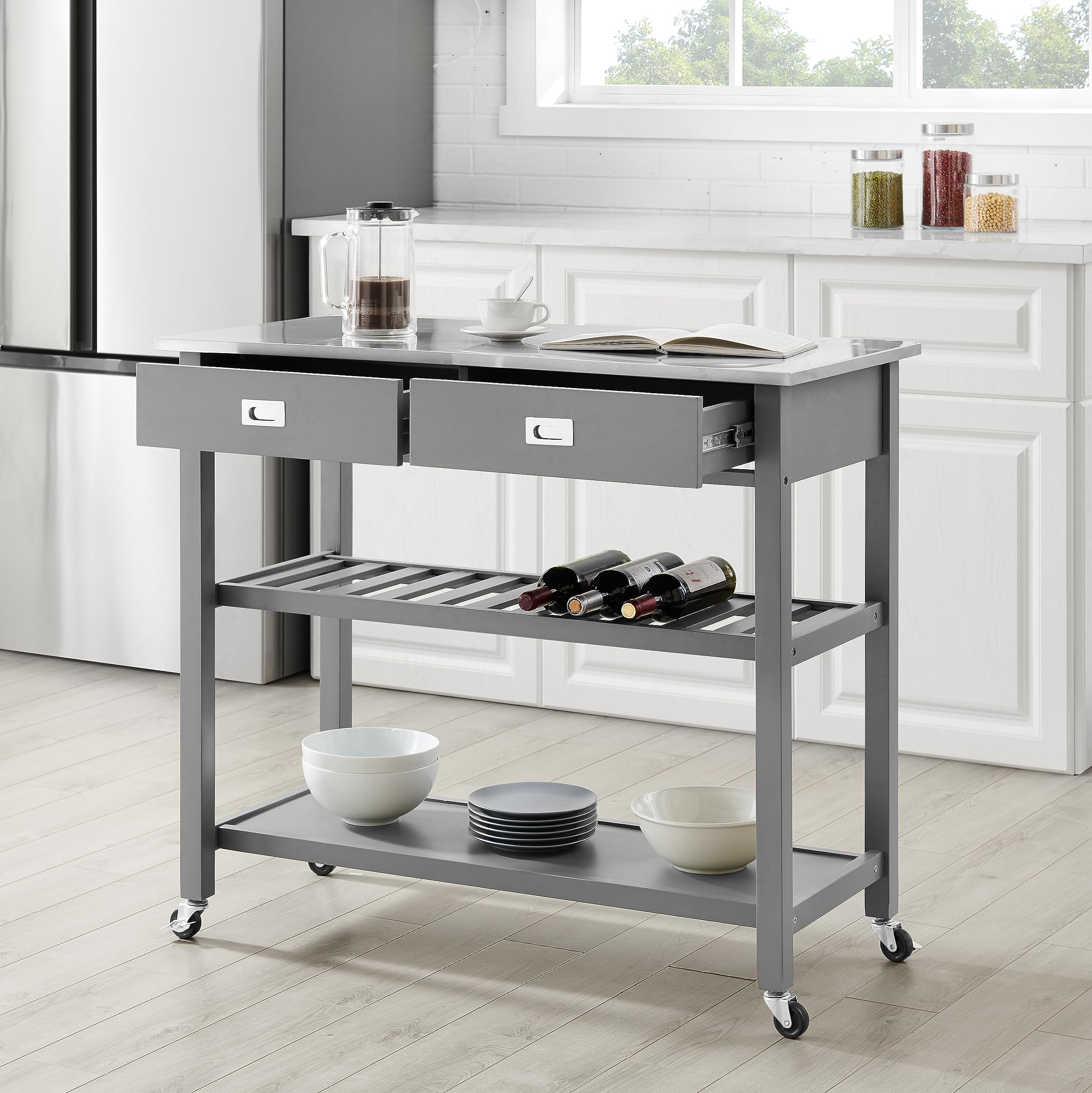 Crosley Chloe Stainless Steel Kitchen Island Cart with Wheels - Microwave Stand, Wine Rack & Storage Cabinet for Small Spaces - Perfect for Apartments, Dorms & Compact Kitchens (Gray)