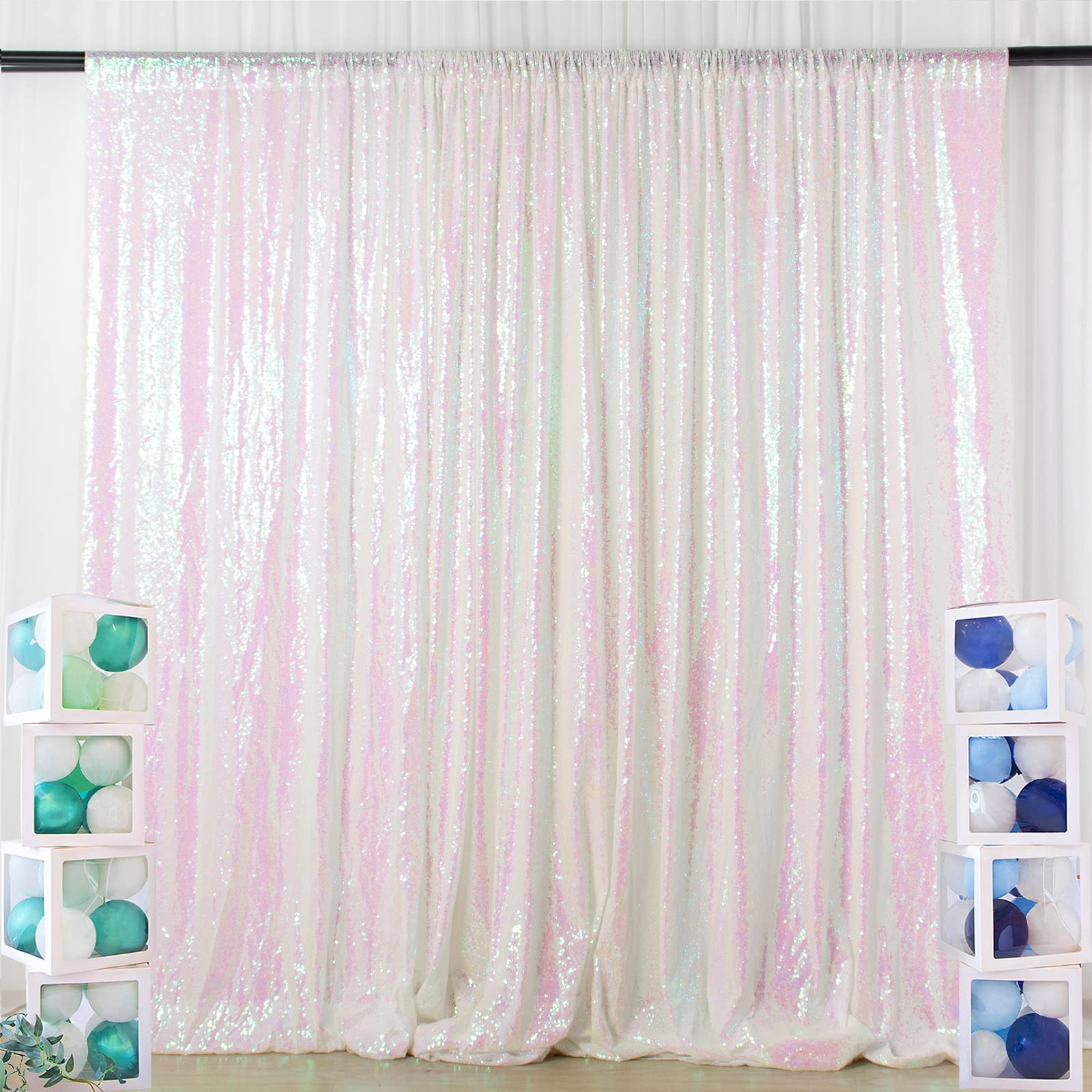 ShinyBeauty 10FTx10FT White Iridescent Sequin Backdrop Fabric - Glitter Photographic Curtain for Weddings, Parties & Events - Perfect for Photo Booths, Bridal Showers & Birthday Decor