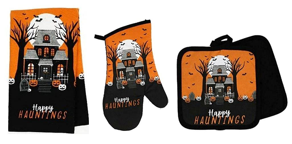 Halloween Kitchen Set - 3-Piece Towel, Mitt & Pot Holders for Spooky Cooking