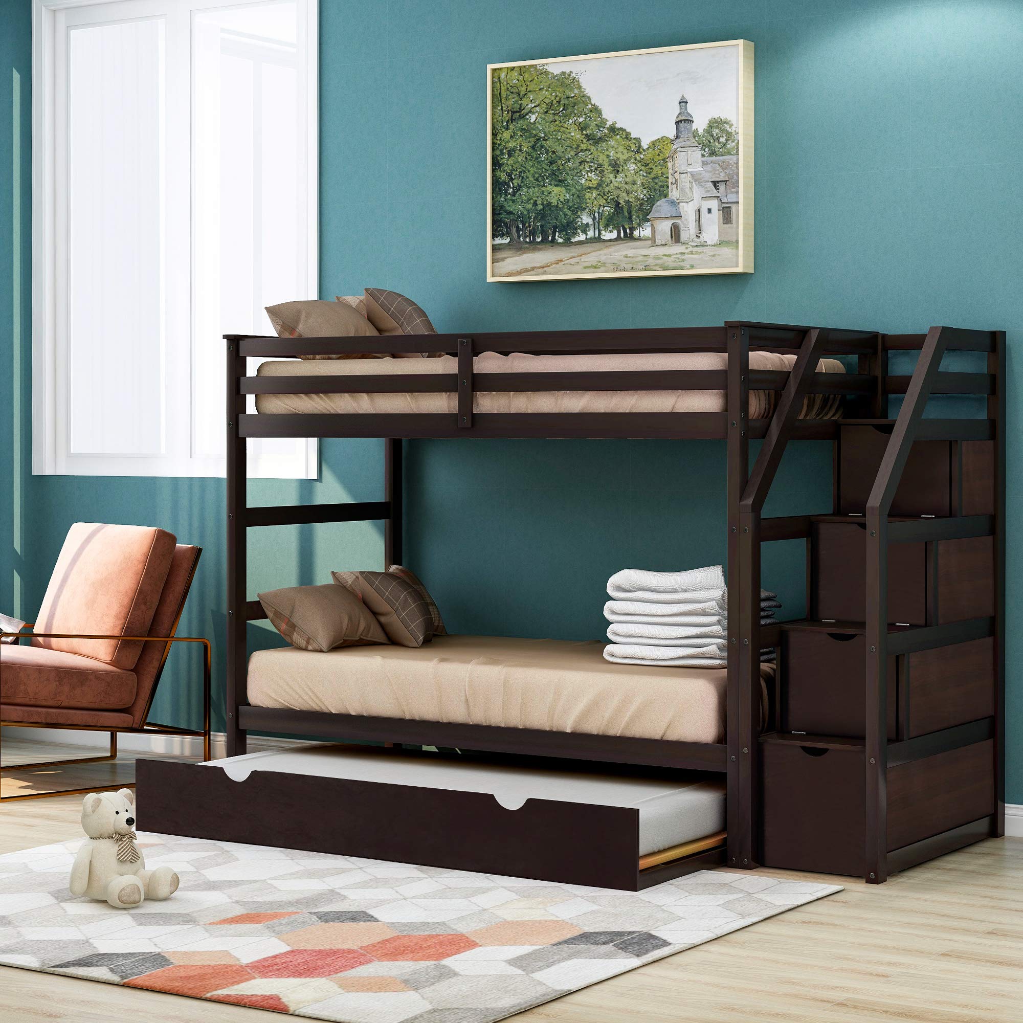 Premium Twin Over Twin Bunk Bed Frame with Trundle & Storage Stairs - Solid Wood Construction, Slat Support & Safety Guard Rail - No Box Spring Needed - Easy Assembly - Espresso Finish - Perfect for Kids' Bedrooms, Guest Rooms & Space-Saving Solutions