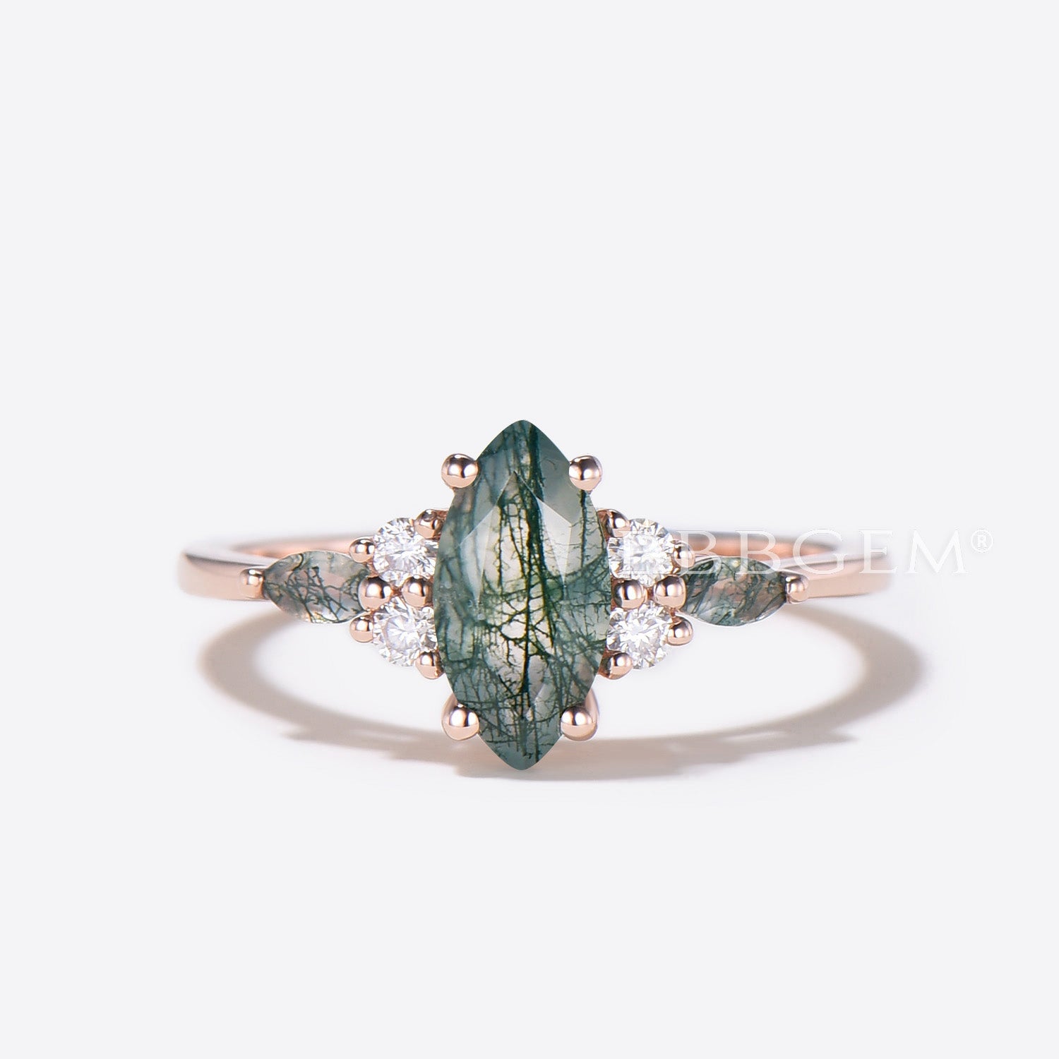 Marquise Cut Natural Moss Agate Engagement Ring for Women - 7 Stone Rose Gold Wedding Band - Perfect for Proposals, Anniversaries & Bridal Jewelry