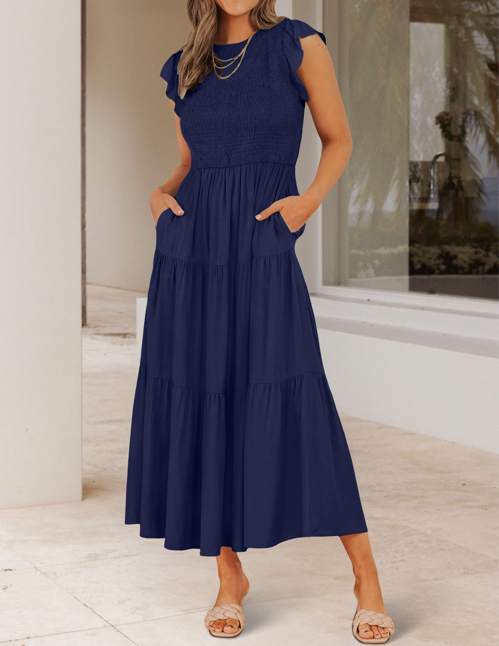 ZESICA Women's 2025 Summer Flutter Sleeve Smocked Waist Tiered Midi Dress - Casual Crew Neck Elastic Dress for Beach, Vacation & Outdoor Parties