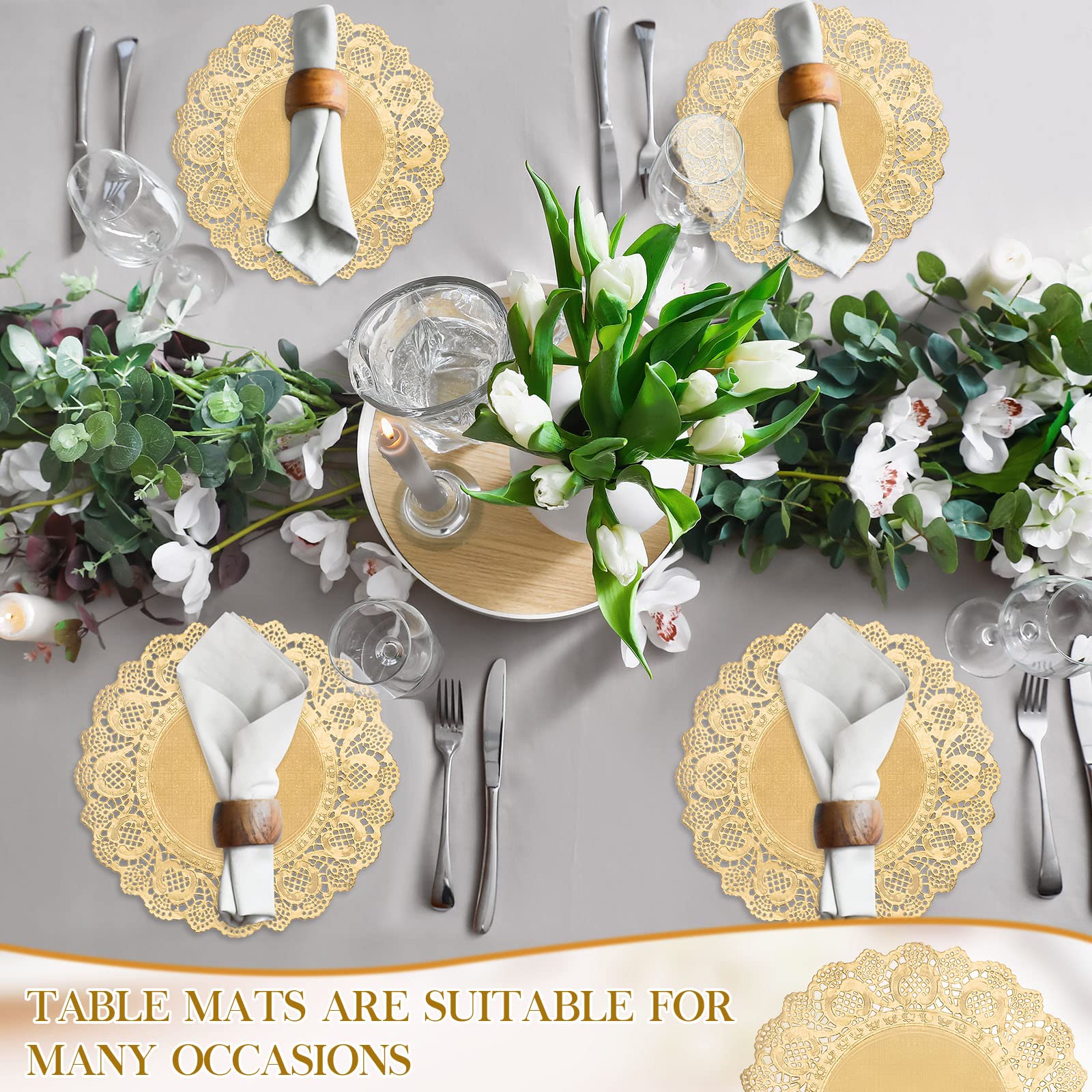 200 Pcs Gold 10 Inch Round Lace Paper Doilies - Elegant Disposable Placemats for Dinner Plates, Desserts, Wedding Tableware & Craft Decorations - Perfect for Party, Tea Time and Special Occasions