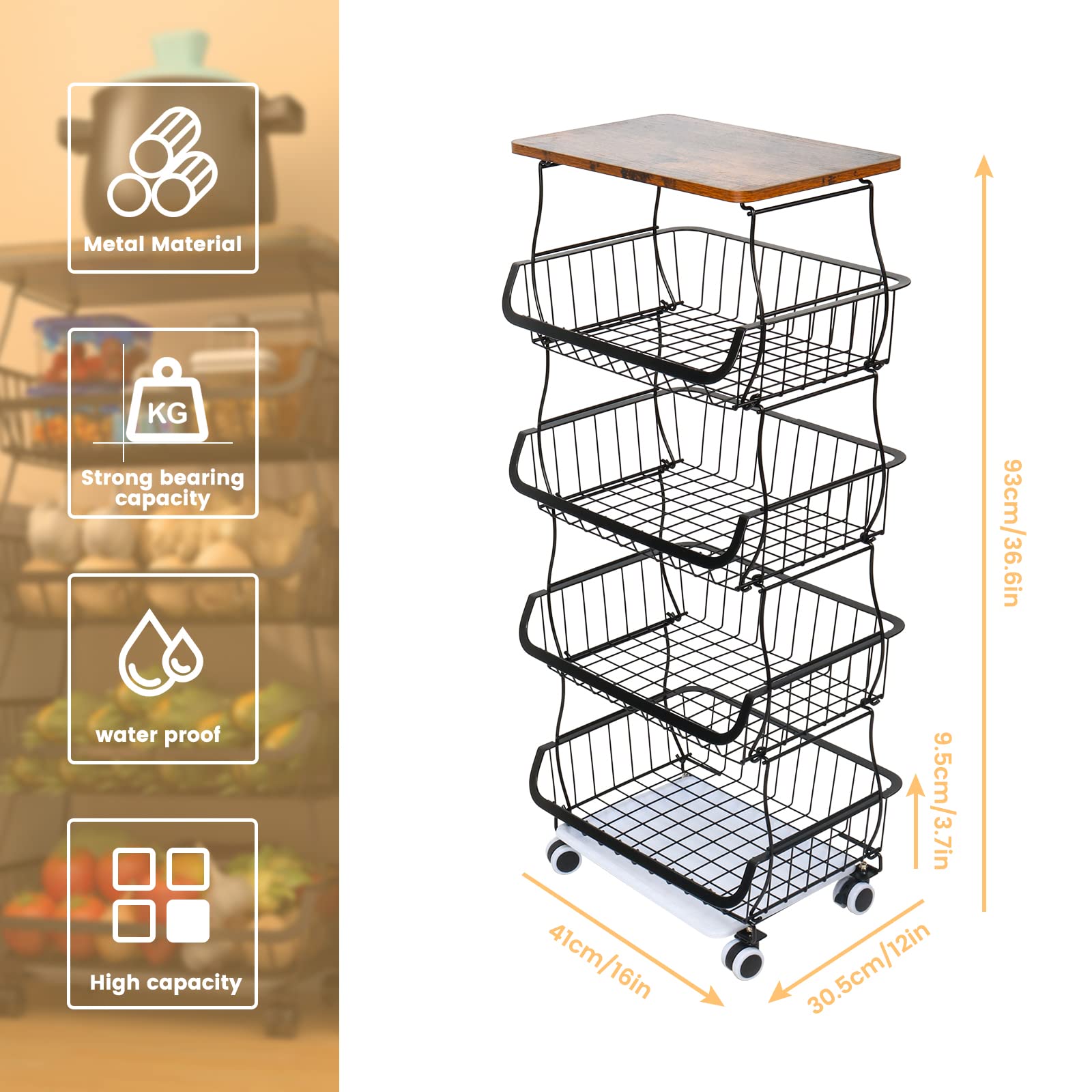 5-Tier Stackable Heavy Duty Wire Rolling Cart for Kitchen & Bathroom - Fruit & Vegetable Storage Basket Organizer with 2 Free Hanging Baskets | Perfect for Pantry Organization, Countertop Display & Small Space Storage