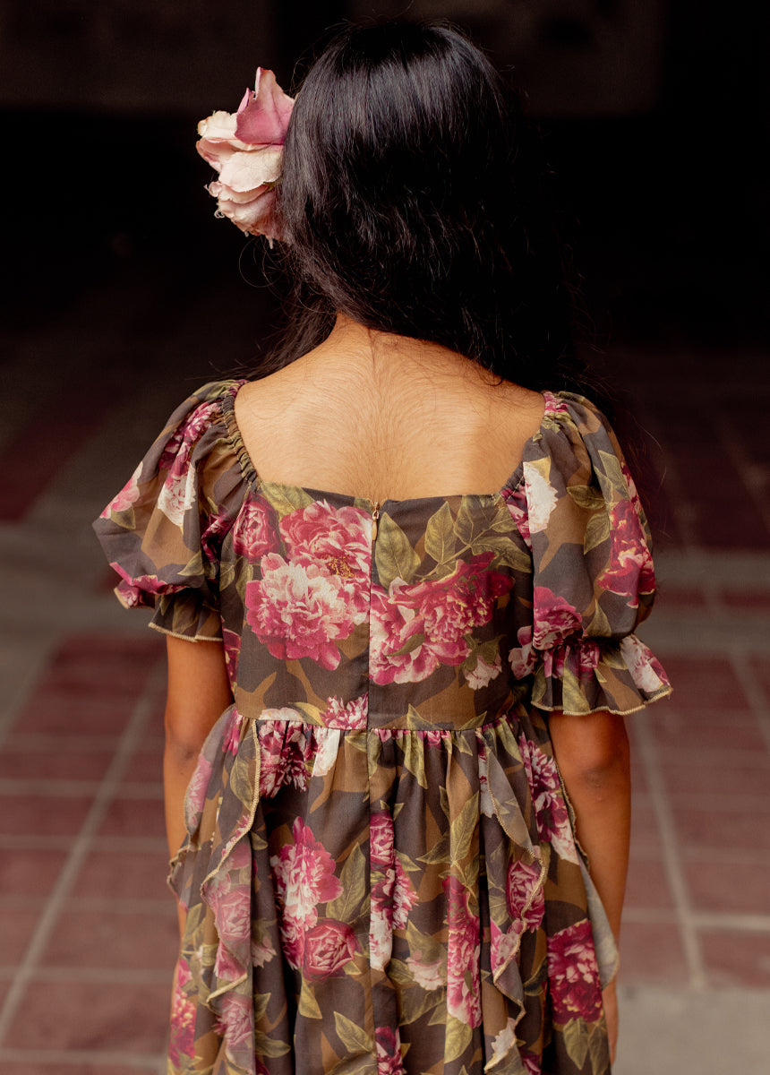 Kayden Floral Print Dress in Bistre - Elegant Women's Summer Dress for Casual Outings & Special Occasions