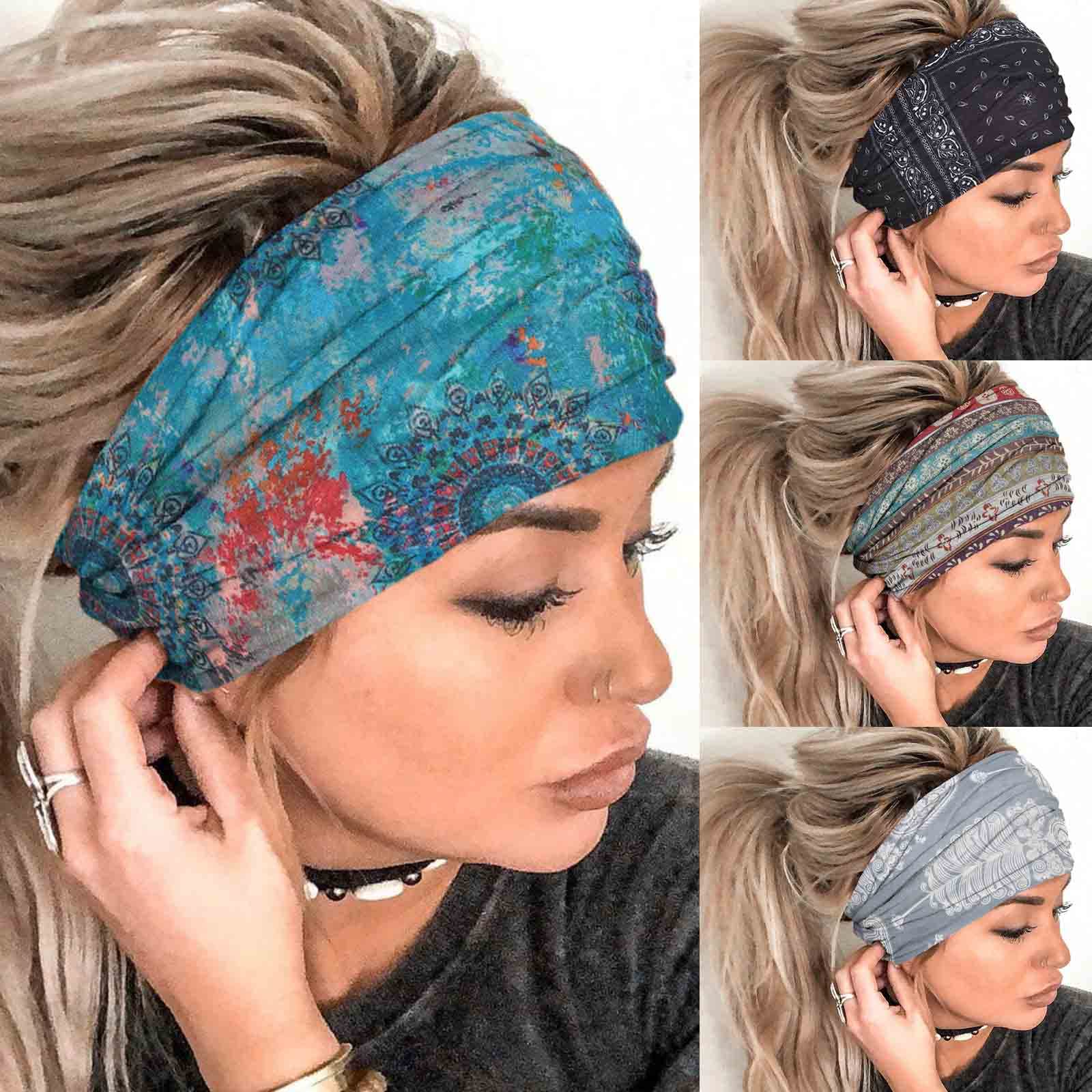 Olbye Wide Headbands for Women - Boho Yoga Headbands, Workout Running Sweatbands, Stylish Hair Accessories (Pack of 4) - Perfect for Gym, Yoga, Running & Everyday Fashion