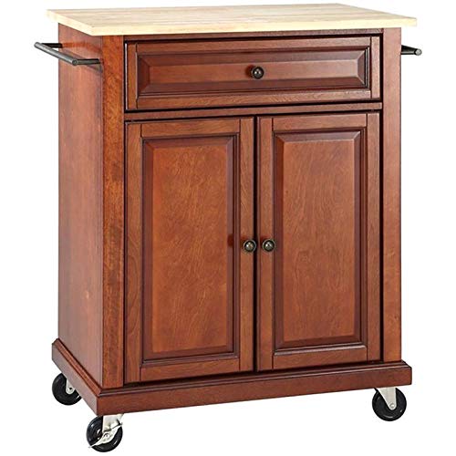 Pemberly Row Natural Wood Top Classic Cherry Kitchen Cart - Rolling Island with Storage for Small Spaces, Perfect for Kitchen, Dining Room or Bar