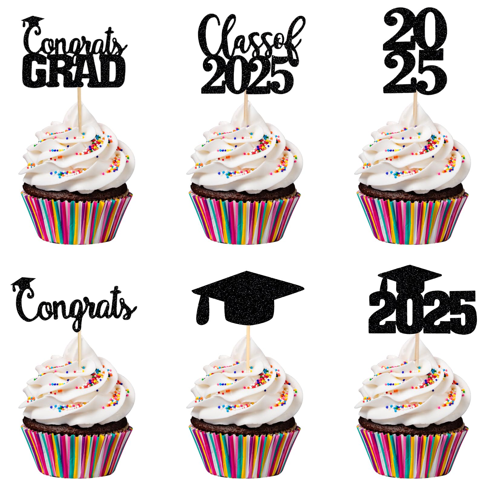 30Pcs Black Glitter Graduation Cupcake Toppers - Class of 2025 Cake Decorations for Graduation Parties, Celebrations & School Events - Perfect for Grad Cakes, Cupcakes & Desserts