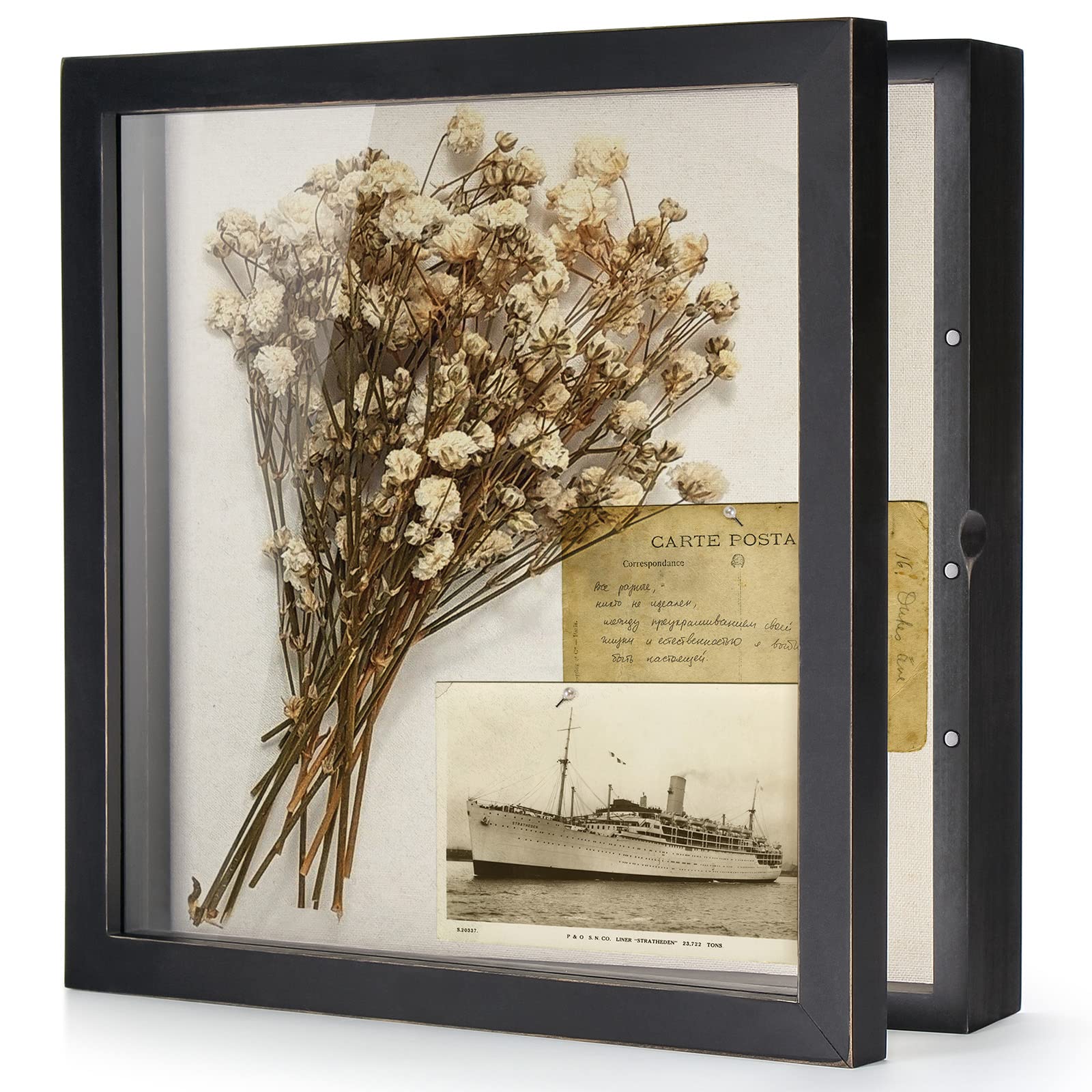 12x12 Rustic Black Shadow Box Frame with Glass Door - Farmhouse Style Display Case for Wedding Bouquets, Photos, Memorabilia & Keepsakes | Perfect for Home Decor, Wall Display, and Memory Preservation