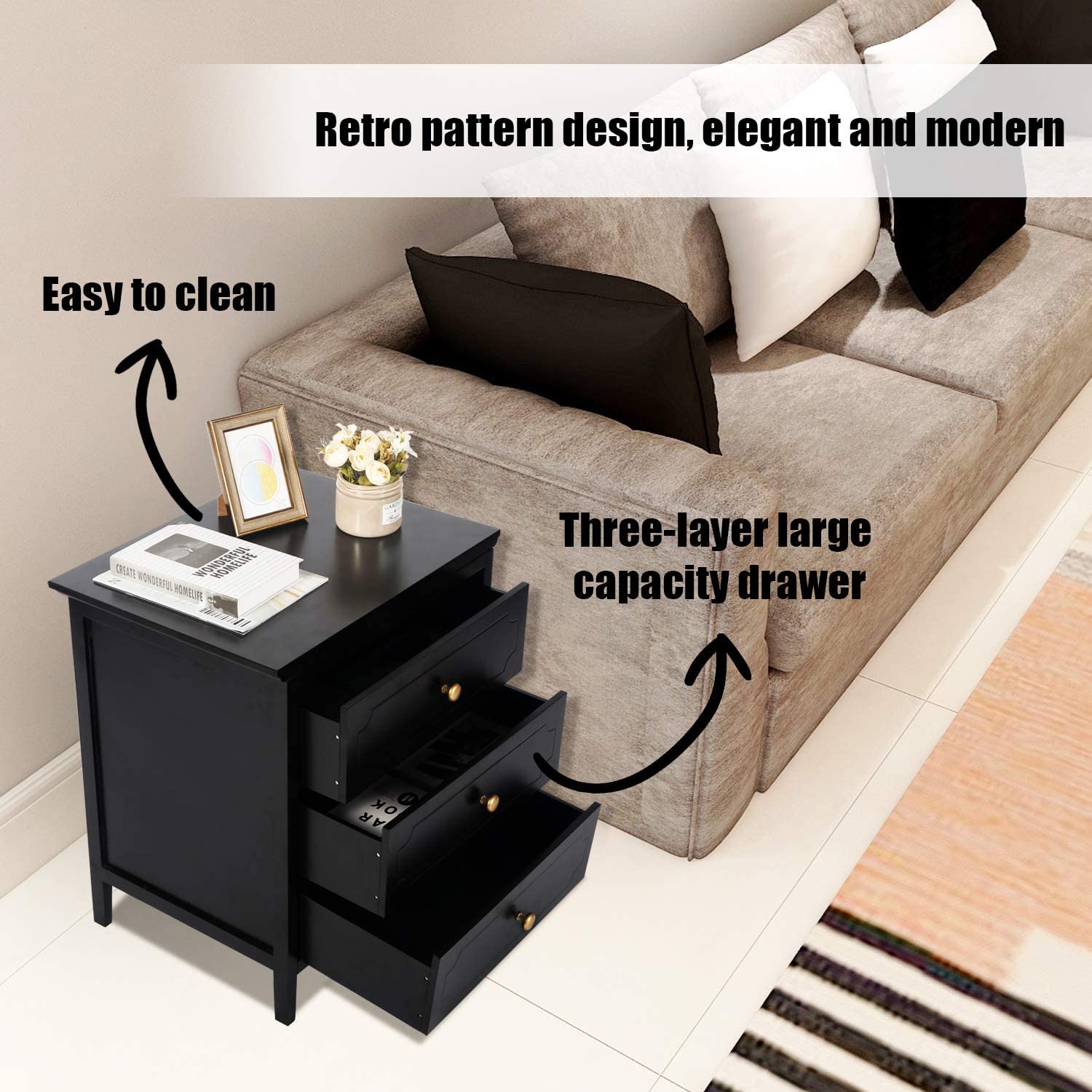 YIGOBUY 19 Inch Black Nightstand with 3 Drawers - Wooden Bedside Table with Storage for Bedroom, Living Room - Modern End Table with Black Finish (Set of 2) - Perfect for Small Spaces, Apartment Furniture & Guest Room Decor