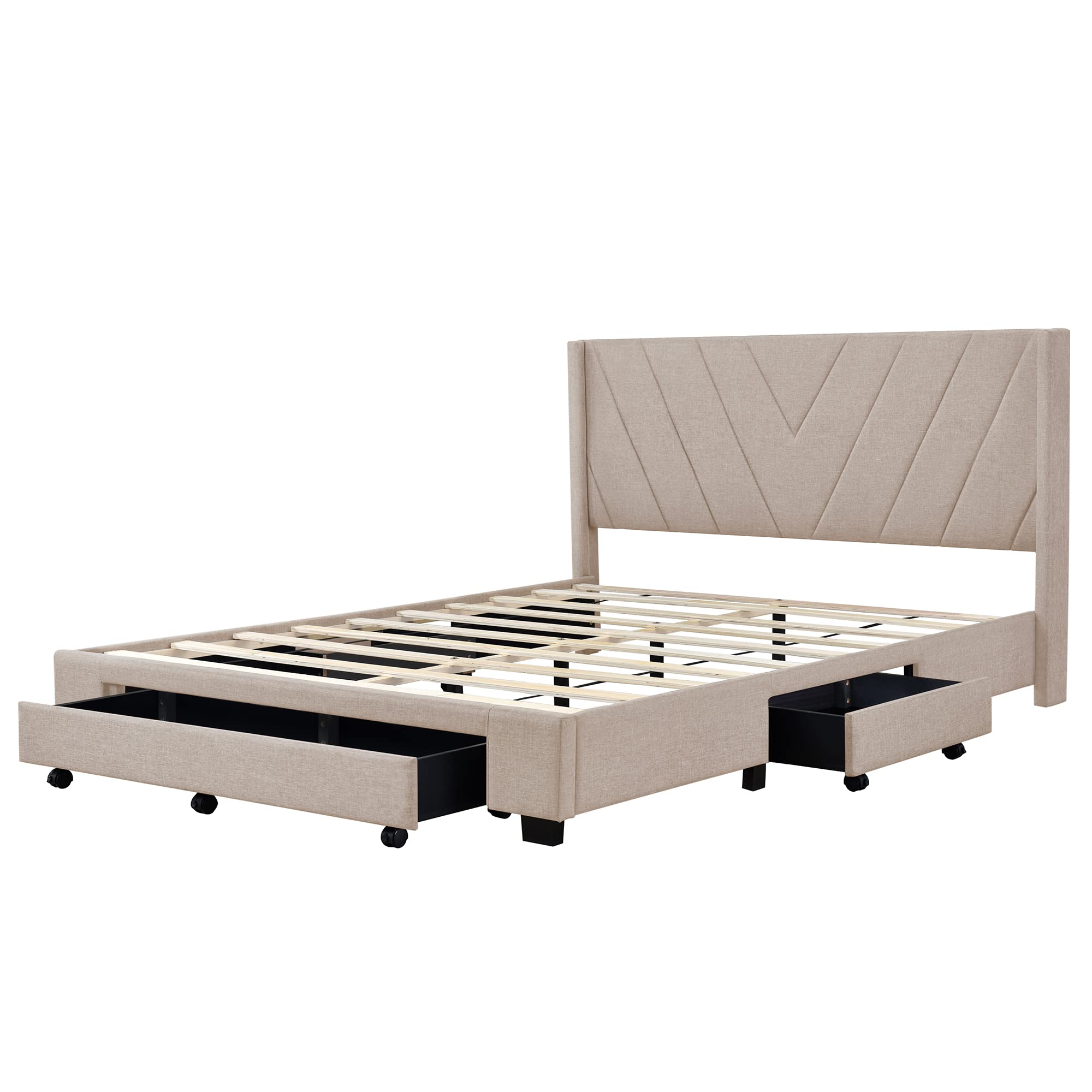 Merax Queen Size Linen Upholstered Platform Bed with 3 Storage Drawers & Headboard - No Box Spring Needed, Beige Modern Bed Frame for Small Space Bedroom, Guest Room & Apartment