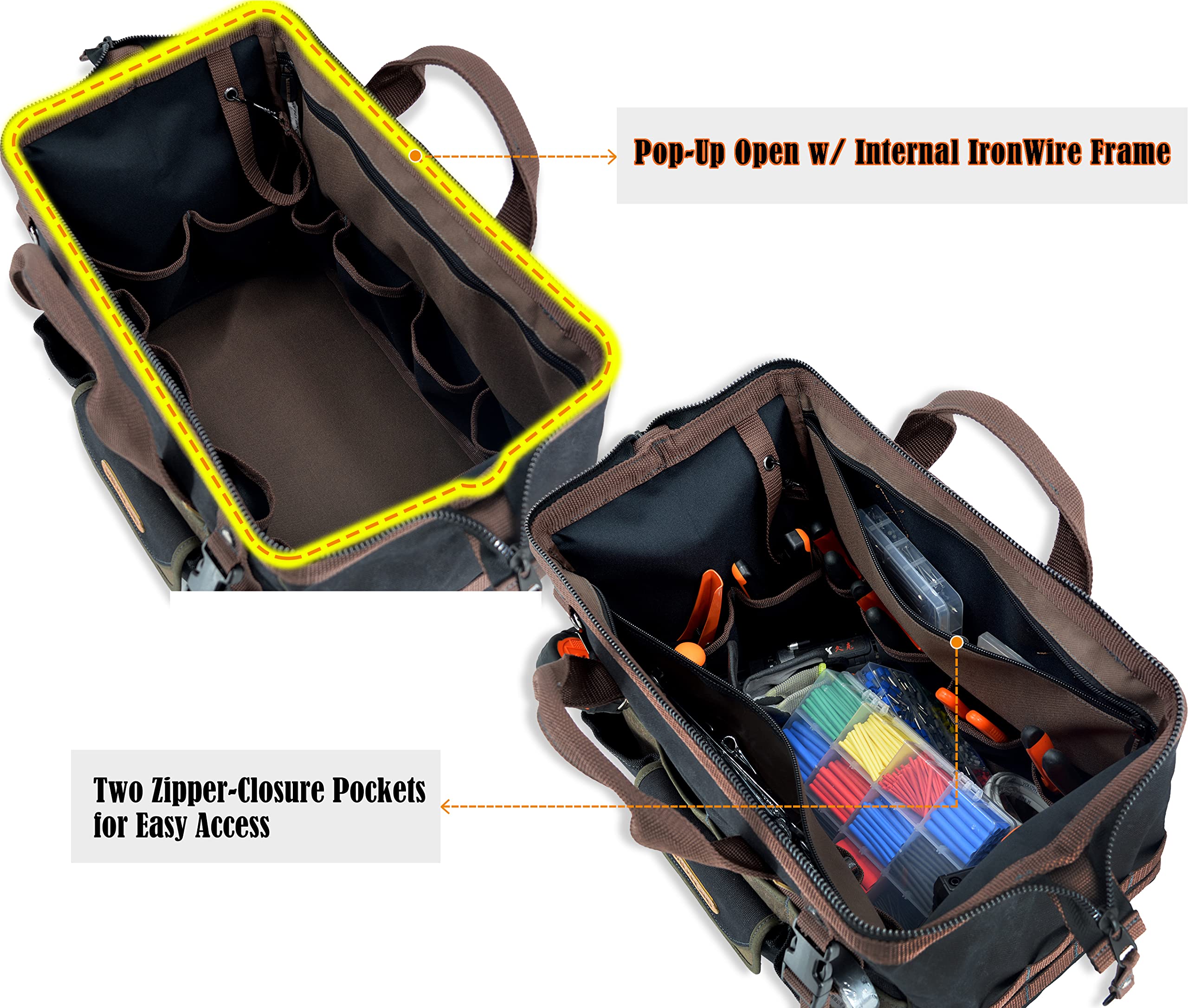WELKINLAND 32-Pocket Heavy Duty Waxed Canvas Tool Bag - Electrician & HVAC Tools Organizer with 16