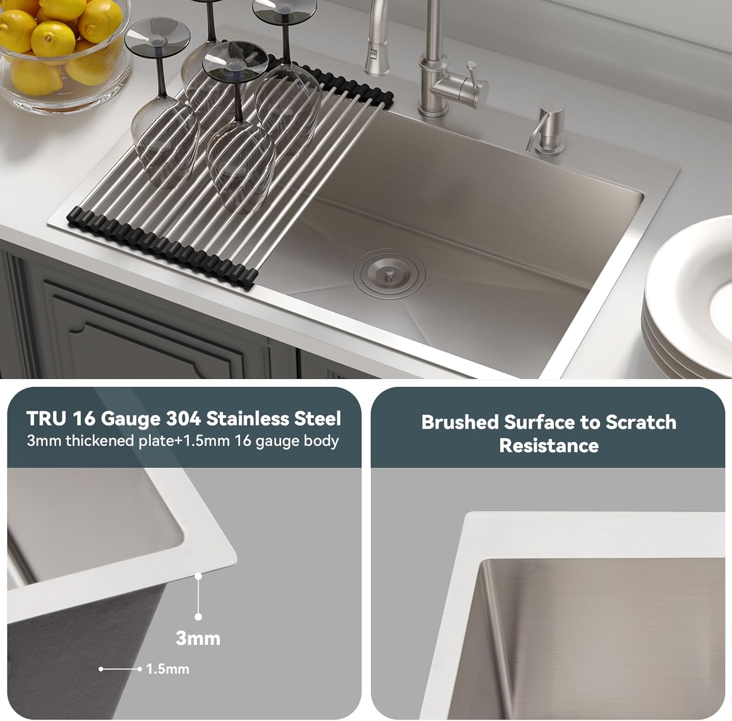 Lordear Stainless Steel Drop-In Single Bowl Kitchen Sink - 16/18 Gauge, Brushed Finish for Modern Kitchens | Perfect for Food Prep, Dishwashing & Small Space Remodeling
