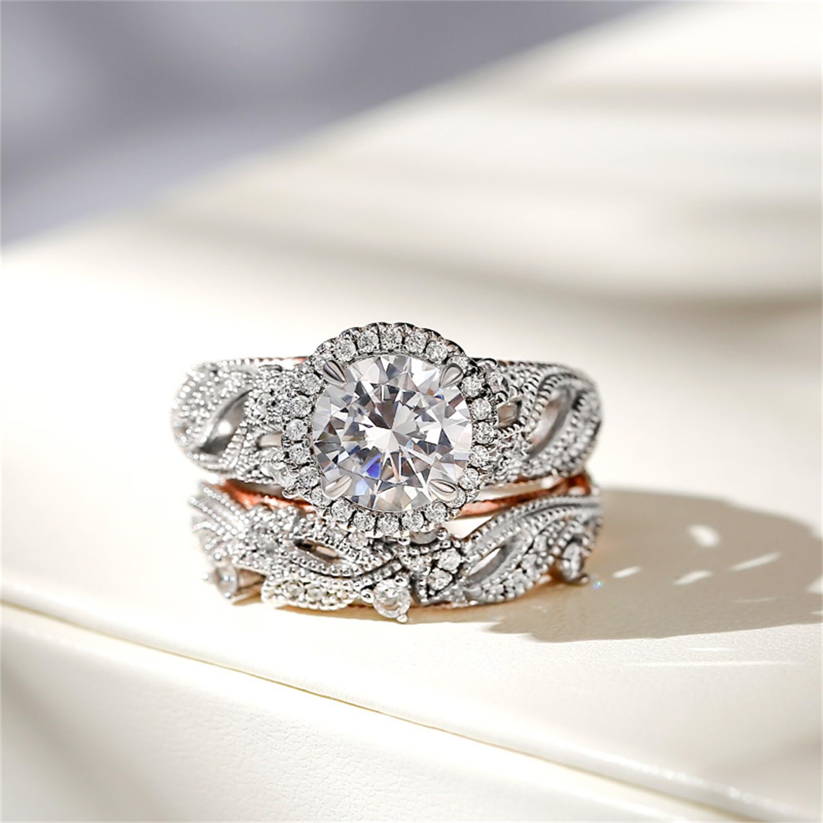 Jeulia 4 Carat Openwork Wedding Ring Set for Women - 925 Sterling Silver & Rose Gold Halo Engagement Ring with Round Cut White Diamond & CZ Band - Perfect for Anniversaries, Proposals & Special Occasions