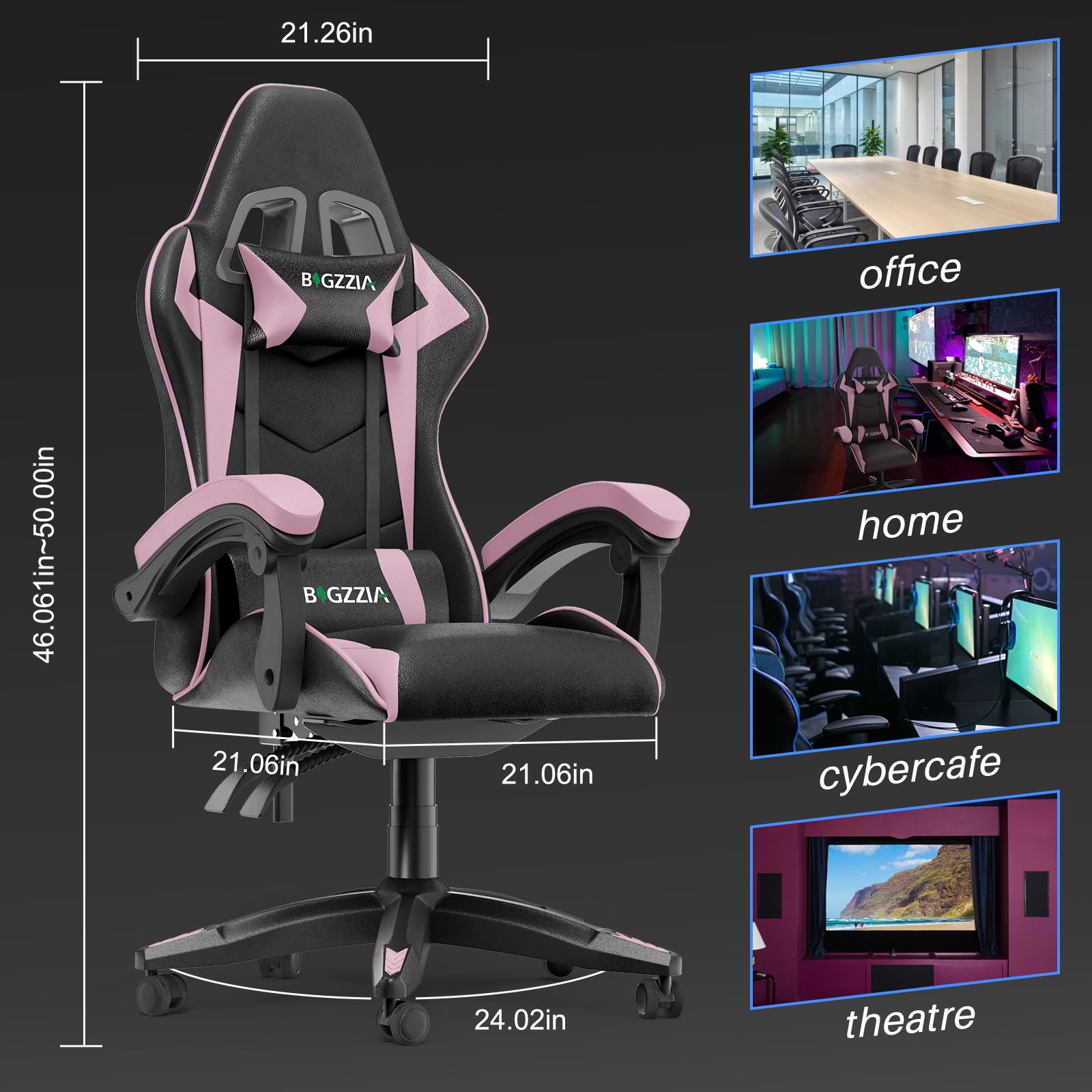 Bigzzia Ergonomic Gaming Chair - High Back Racing Style Computer Chair with Adjustable Lumbar Support & 360° Swivel - Perfect for PC Gaming, Office Work & Streaming (Black/Pink)