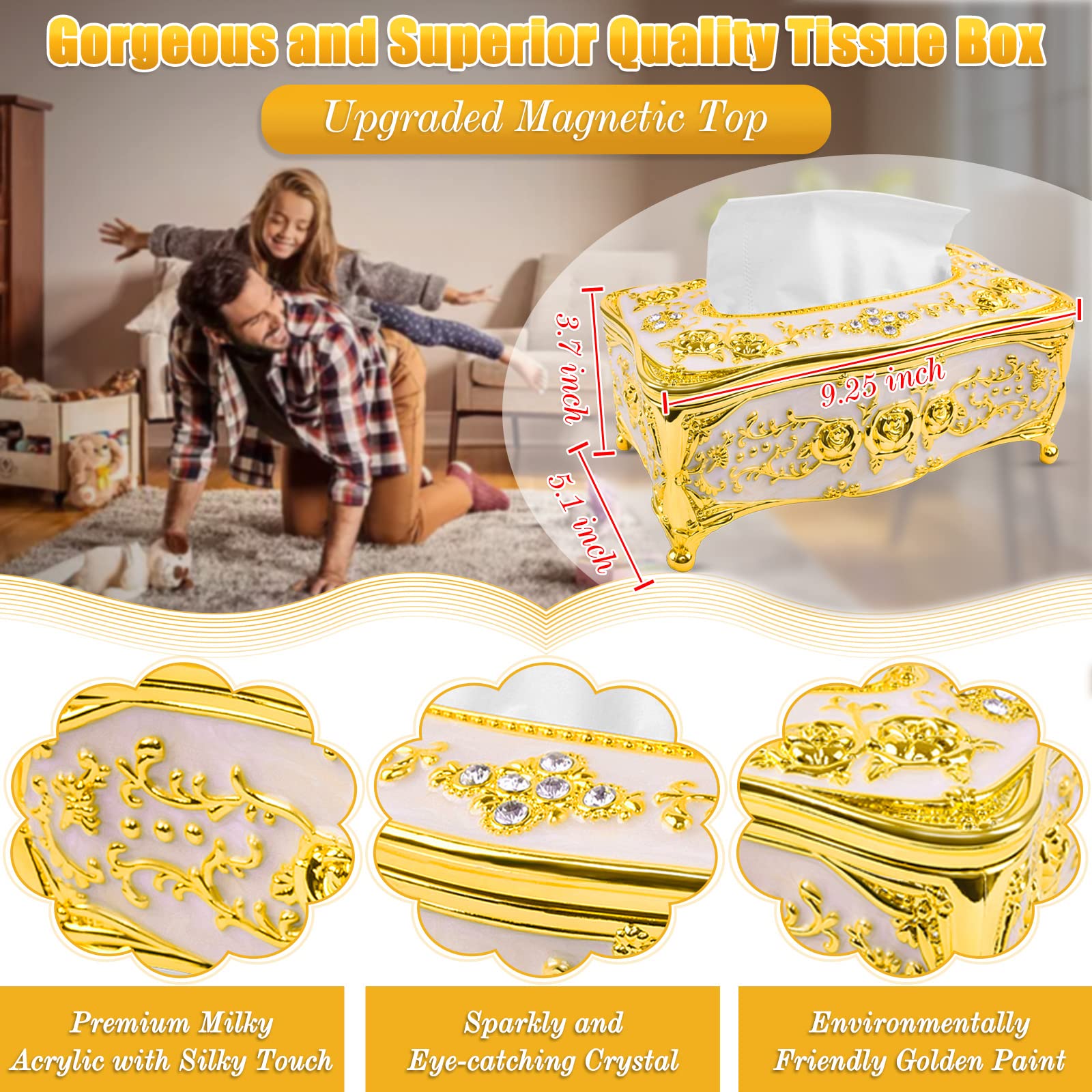 2PCS Gold Tissue Box Cover - Elegant Decorative Tissue Box Holder for Rectangular & Square Tissues | Home Decor for Bathroom, Bedroom, Living Room & Office | Perfect for Gift Giving and Home Styling