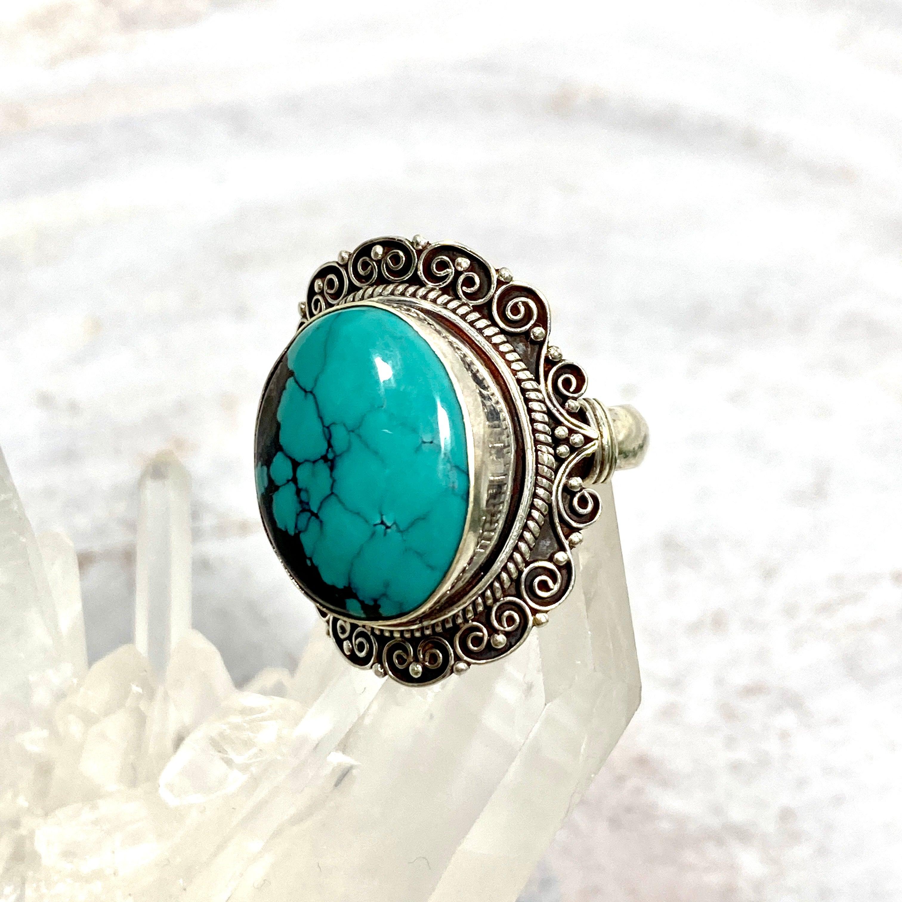 Boho Style Turquoise Oval Ring Size 7 - Handmade Sterling Silver Jewelry for Women, Perfect for Festivals, Weddings & Everyday Wear KRGJ2778
