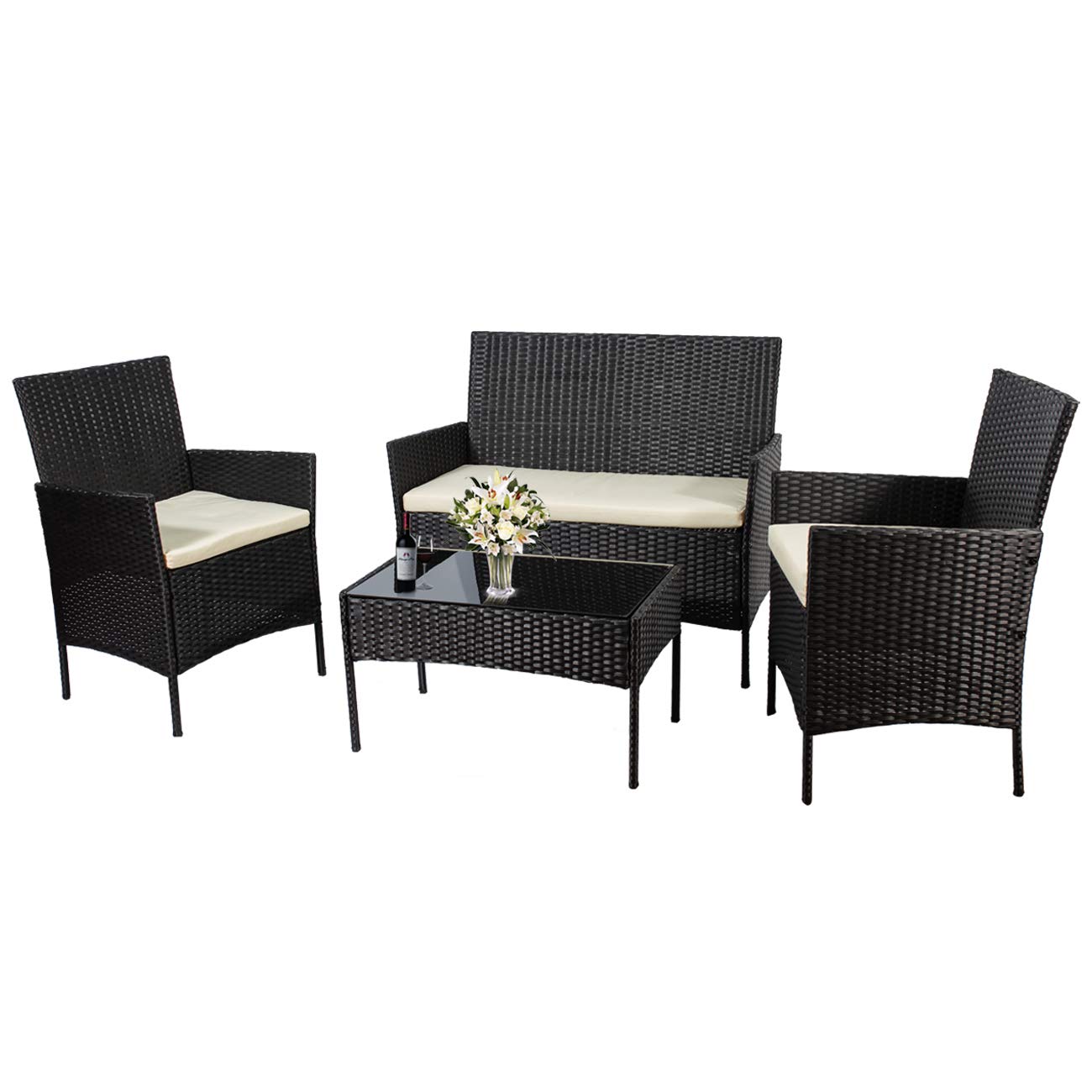 X&T 4-Piece Outdoor Patio Furniture Set - PE Rattan Wicker Chairs with Bistro Table, Weather-Resistant Garden Conversation Set for Balcony, Porch, Backyard (Red) - Perfect for Outdoor Dining, Relaxing & Entertaining Guests