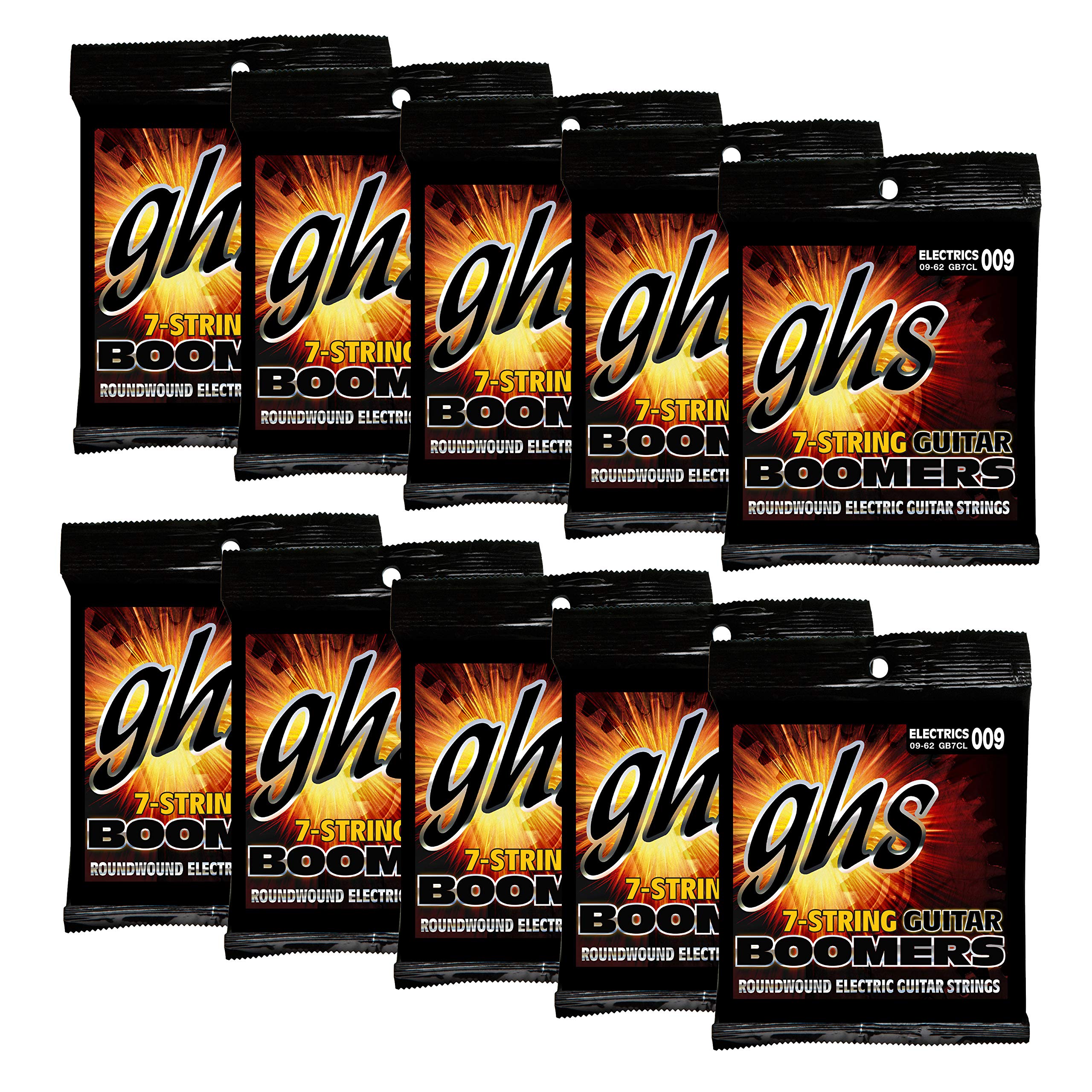 GHS GB7CL Boomers 7-String Electric Guitar Strings - Nickel Plated, Custom Light Gauge (9-62) - 10 Pack for Extended Play & Heavy Riffs - Perfect for Metal, Rock & Drop Tuning Performances