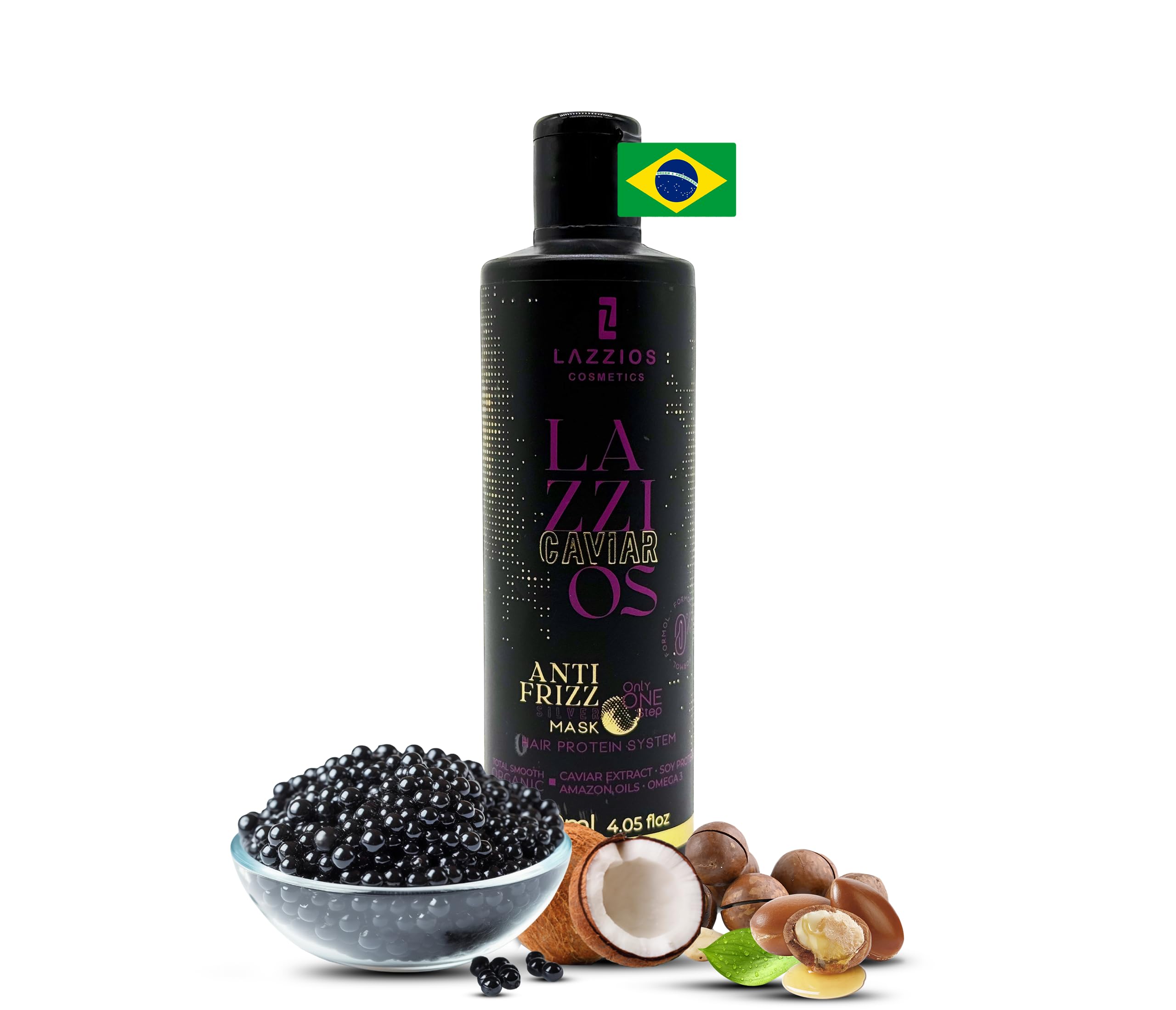 Lazzios Caviar Organic Hair Protein Treatment – Brazilian Straightening & Anti-Frizz Formula with Hyaluronic Acid, Hydrolyzed Keratin & Caviar Extract – Formaldehyde-Free, 120ml – For Smooth, Shiny & Manageable Hair at Home or Salon