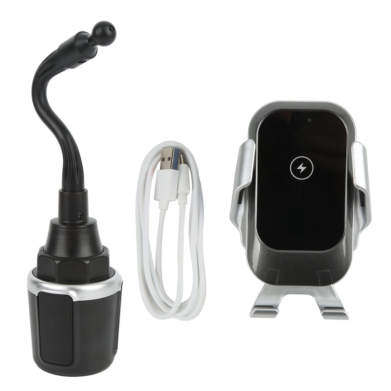 FETION Universal Cup Holder Wireless Charger - 360° Adjustable Car Phone Mount with Auto Clamping for iPhone, Samsung & Smartphones - Perfect for Commuting, Road Trips & Hands-Free Driving (Gray)
