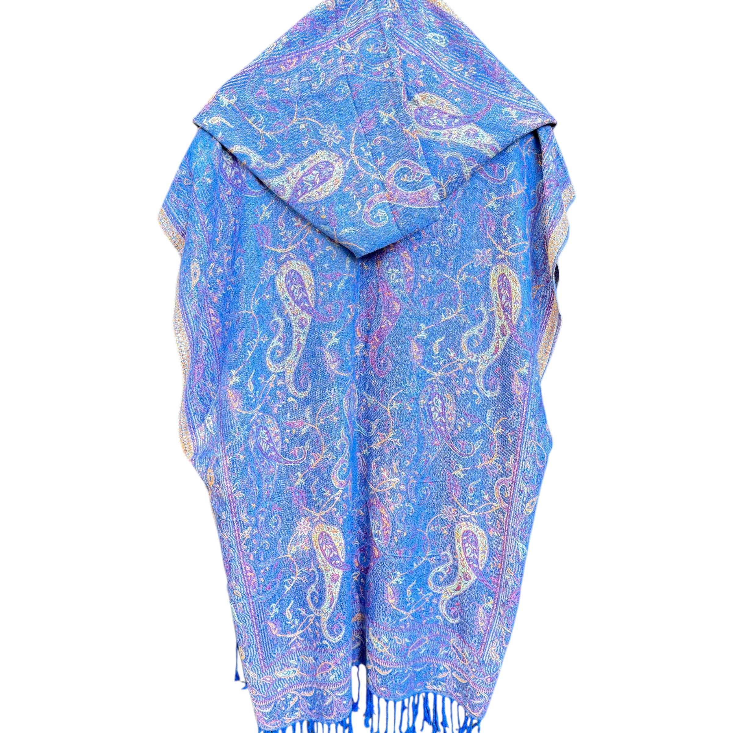 Royal Blue Paisley Pashmina Hooded Kimono - Soft Lightweight Wrap Cardigan for Women - Perfect for Yoga, Beach Cover-Up & Boho Fashion