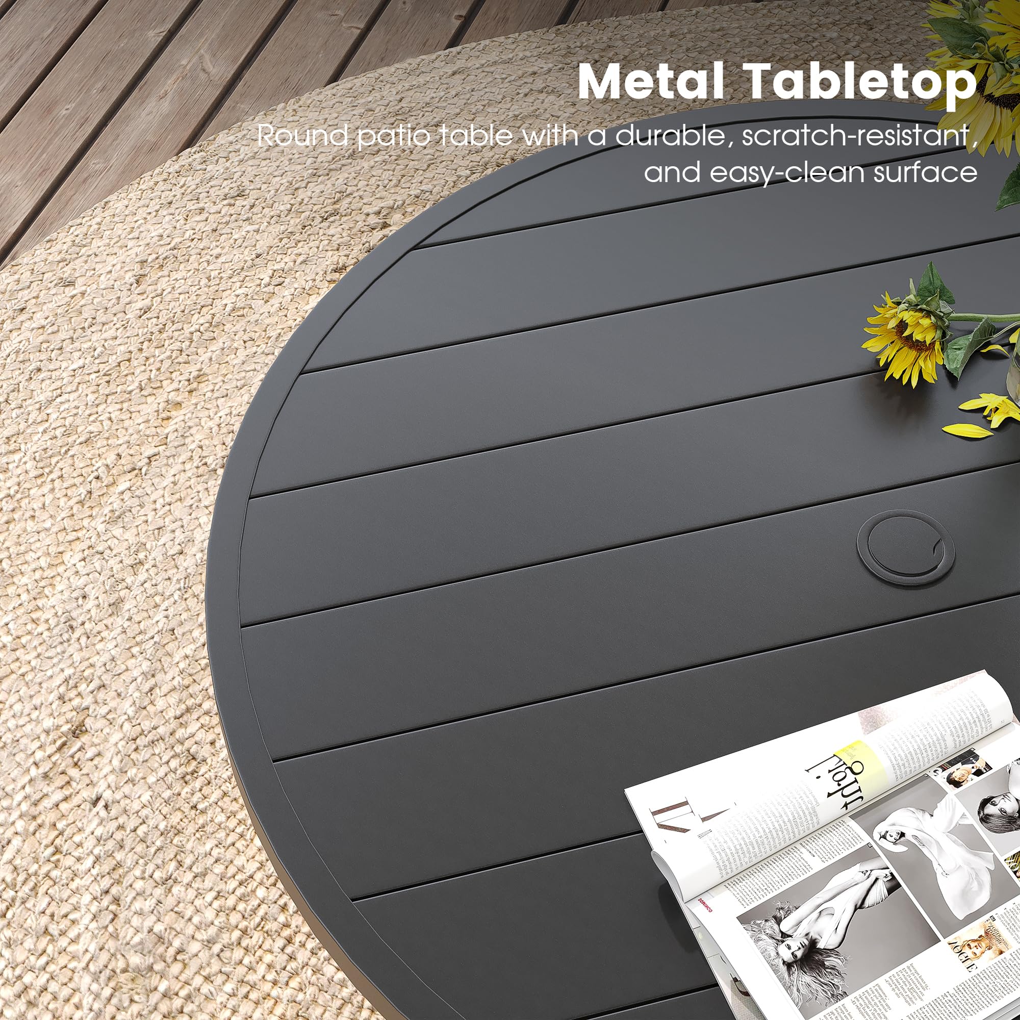 DIFY 4-Person Round Outdoor Dining Table with Umbrella Hole - Weatherproof Patio Table for Garden, Backyard, Porch & Balcony - Perfect for BBQs, Poolside Dining & Outdoor Entertaining (Black)