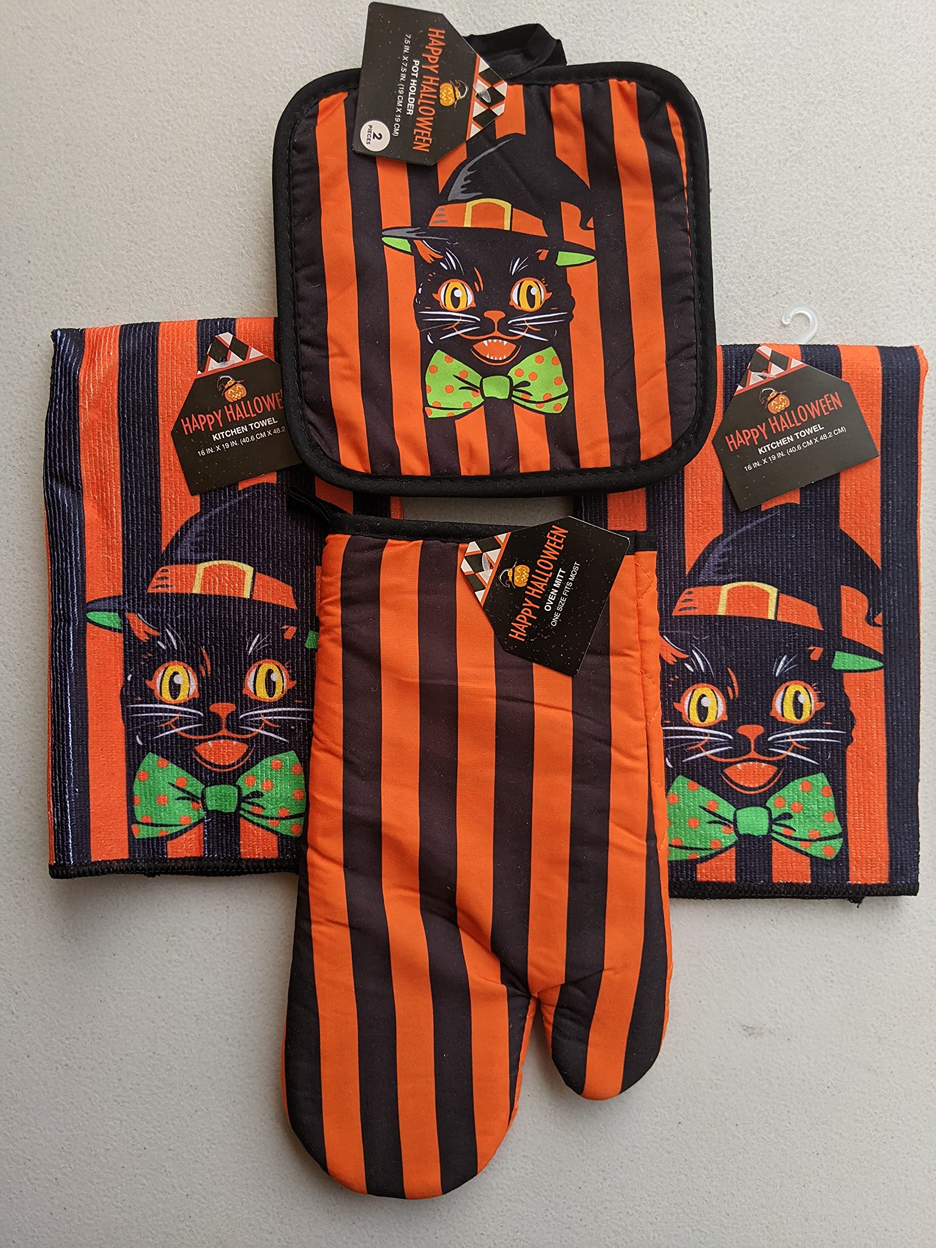 Halloween Black Cat Kitchen Set - 5pc Oven Mitts & Towels for Holiday Cooking