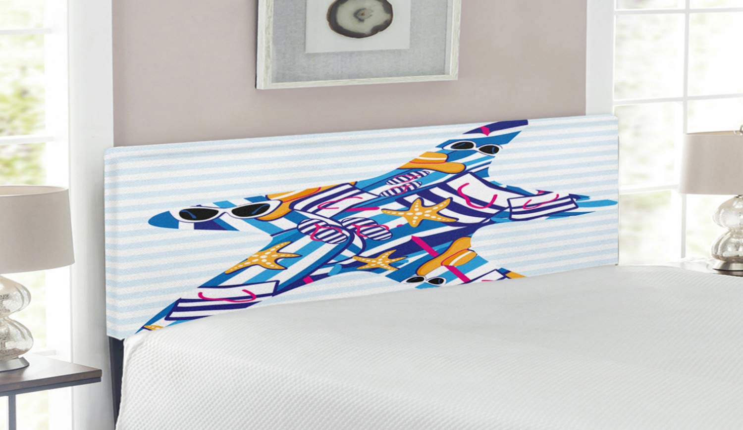 Ambesonne Starfish Headboard - Cartoon Style Summer Vacation Decor with Striped Backdrop | Upholstered Decorative Metal Bed Headboard with Memory Foam | Queen Size Multicolor | Perfect for Beach-Themed Bedrooms & Coastal Home Decor