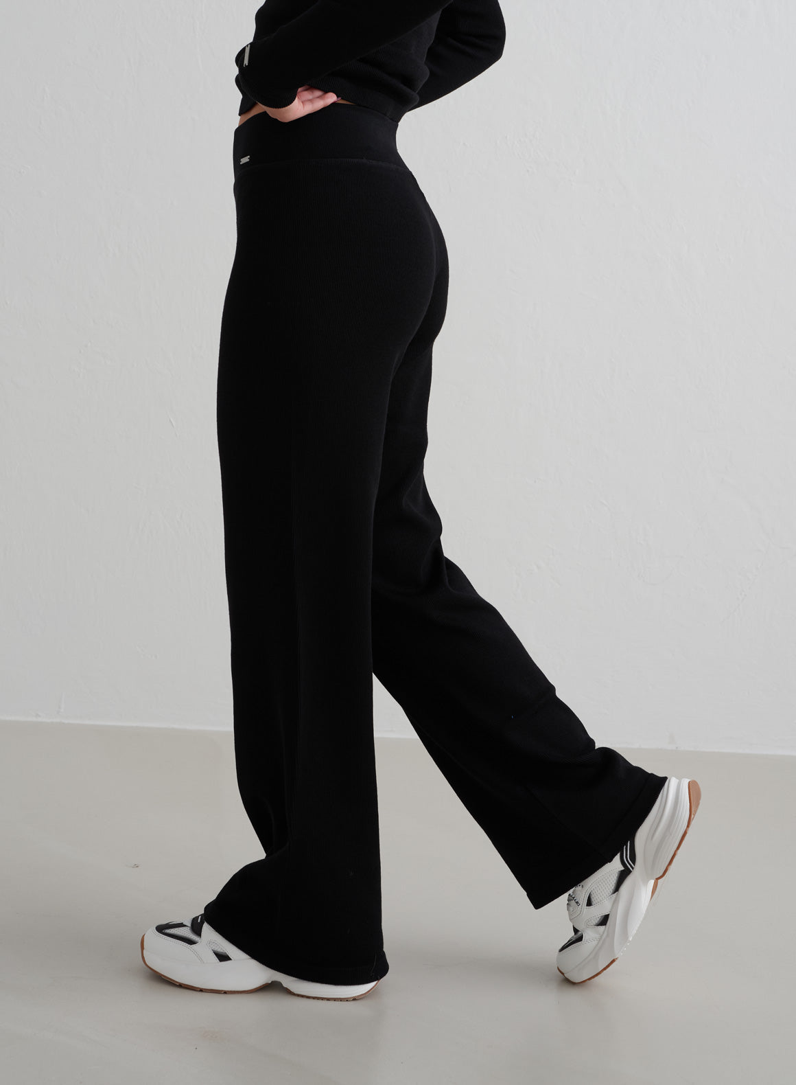 Black Ribbed Wool Wide Leg Pants for Women - High Waisted Winter Trousers, Comfortable & Stylish for Office, Travel & Casual Outfits