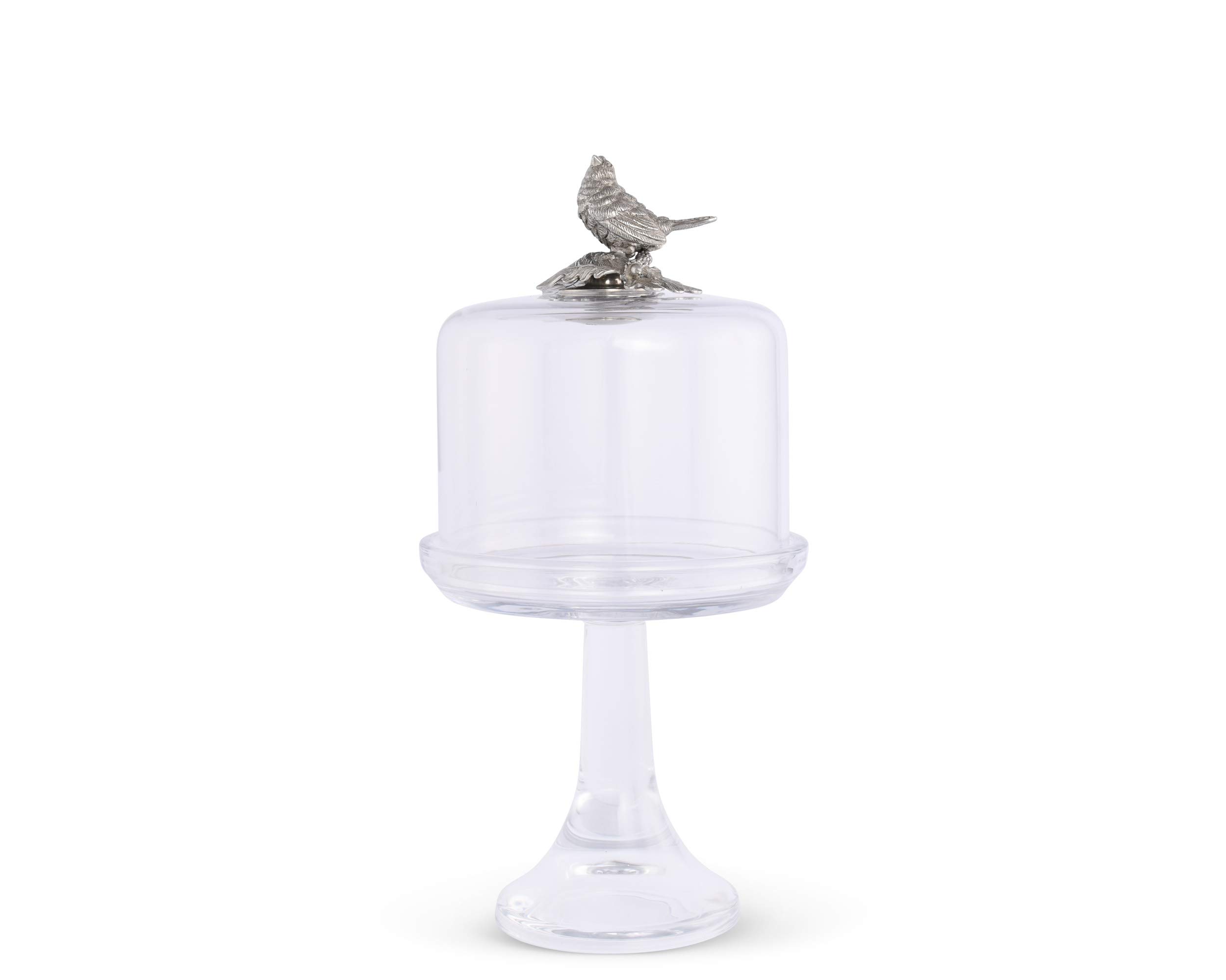 Vagabond House 6-Inch Hand-Blown Glass Cheese Dome with Pewter Songbird Knob - Perfect for Dessert Display, Cupcake Stand & Cheese Serving - Elegant Table Centerpiece for Parties & Dining