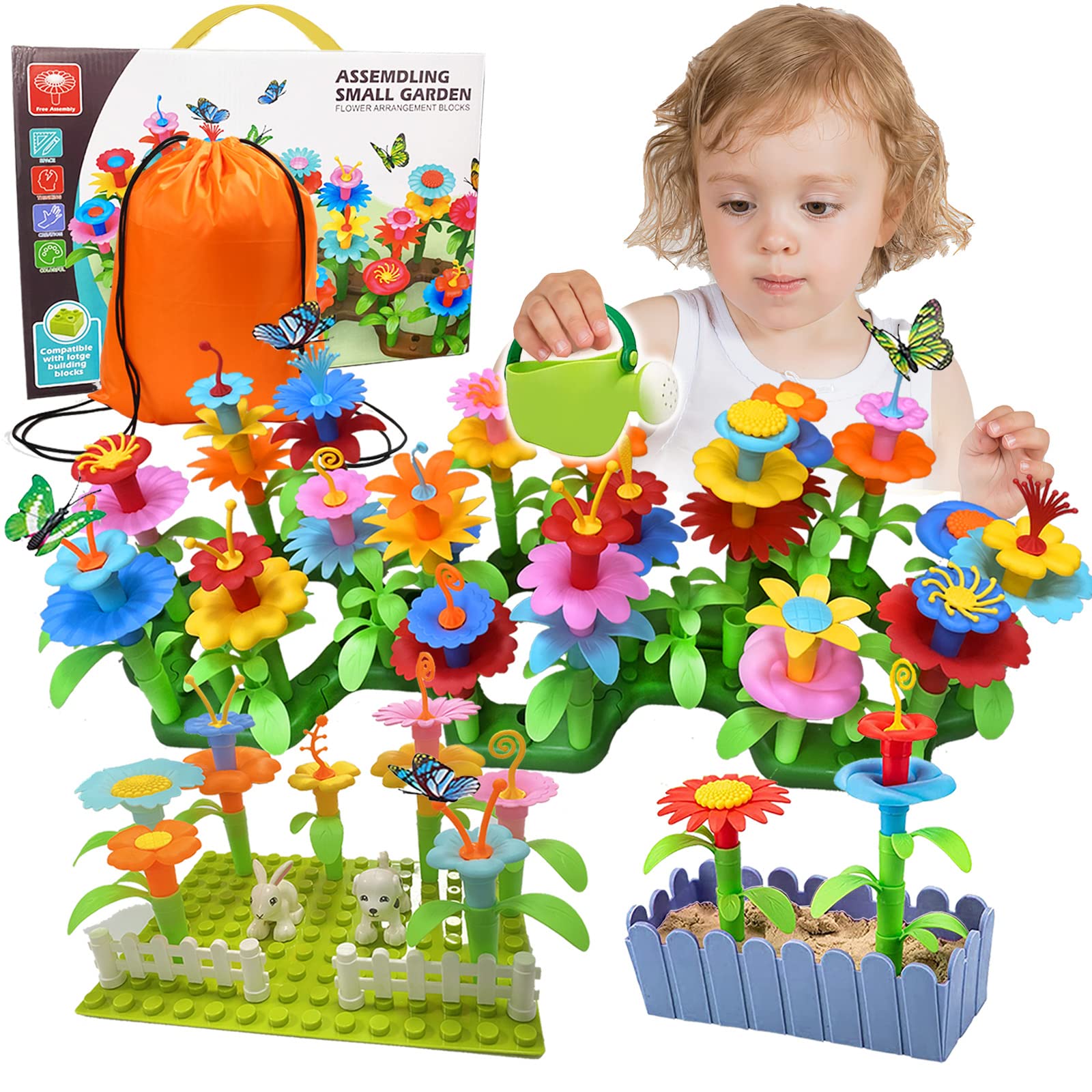 156 Pcs Flower Garden Building Toys for Girls - STEM Educational Gardening Pretend Play Set with Storage Bag, Preschool Stacking Toys for Toddlers Ages 3-6, Perfect Birthday Gift for Outdoor & Indoor Creative Play