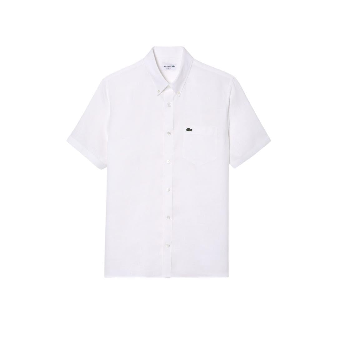 Lacoste Men's Short Sleeve Linen Button Down Shirt - Classic Regular Fit with Front Pocket | Casual Summer Wear & Office Style