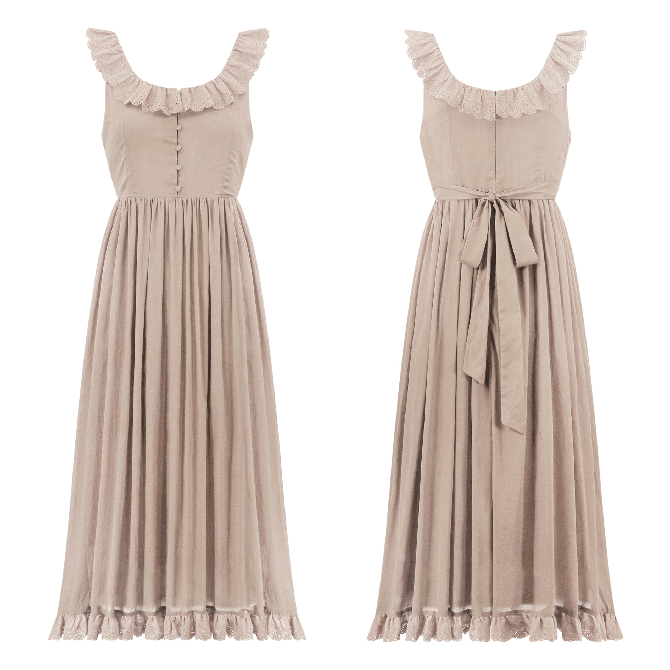 R.Vivimos Women's Summer Cotton Sleeveless Midi Dress with Vintage Lace Trim - Button Up Tie Waist A-Line Flowy Long Dress for Casual Wear, Beach Vacation, and Summer Outings
