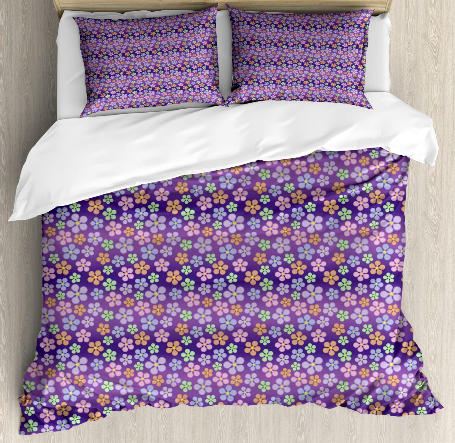 Ambesonne Floral Duvet Cover Set - 2 Pack Twin Size with 2 Pillowcases | Vibrant Digital Flower Print in Quartz & Multicolor | Spring-Themed Bedding for Guest Rooms & Dorm Decor