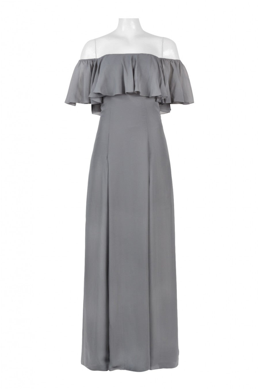 Monique Lhuillier Off-the-Shoulder Chiffon Evening Gown in Steel Gray - Perfect for Weddings, Galas & Formal Events