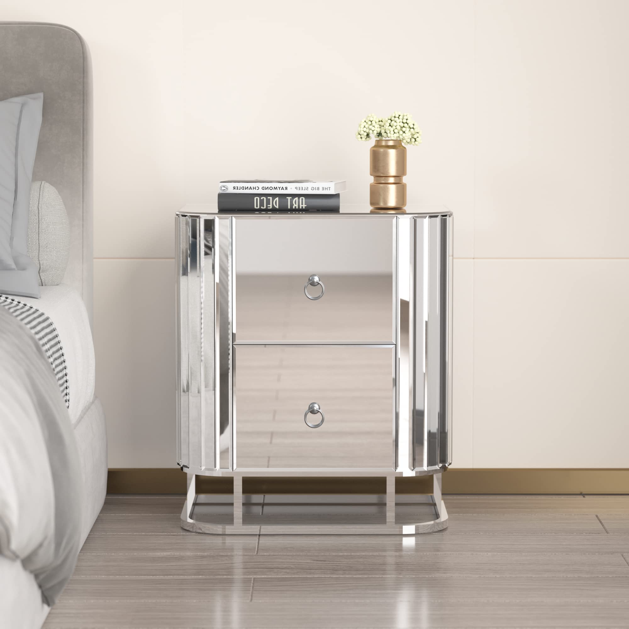 Mirrored Nightstand with 3 Drawers - Silver Glass Bedside Table, Small Accent Dresser for Bedroom & Living Room - Modern End Table with Reflective Surface (Perfect for Storing Essentials, Adding Elegance to Your Bedroom or Living Space)