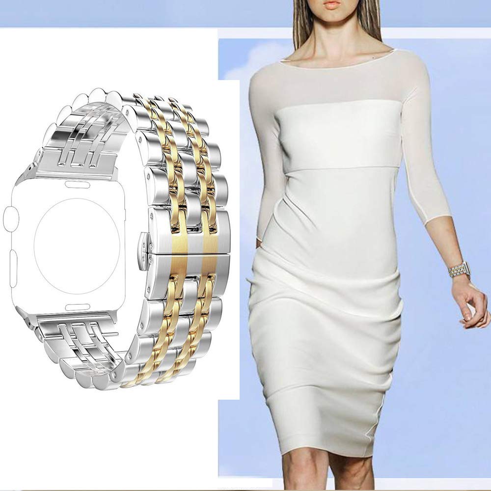Premium Stainless Steel Replacement Bands for Apple Watch Series 9/8/7/6/5/4/SE/Ultra 2/Ultra - Compatible with 42mm/44mm/45mm/49mm Models (Silver/Gold) | Durable Metal Watch Straps for Men & Women | Perfect for Workouts, Office Wear & Everyday Use