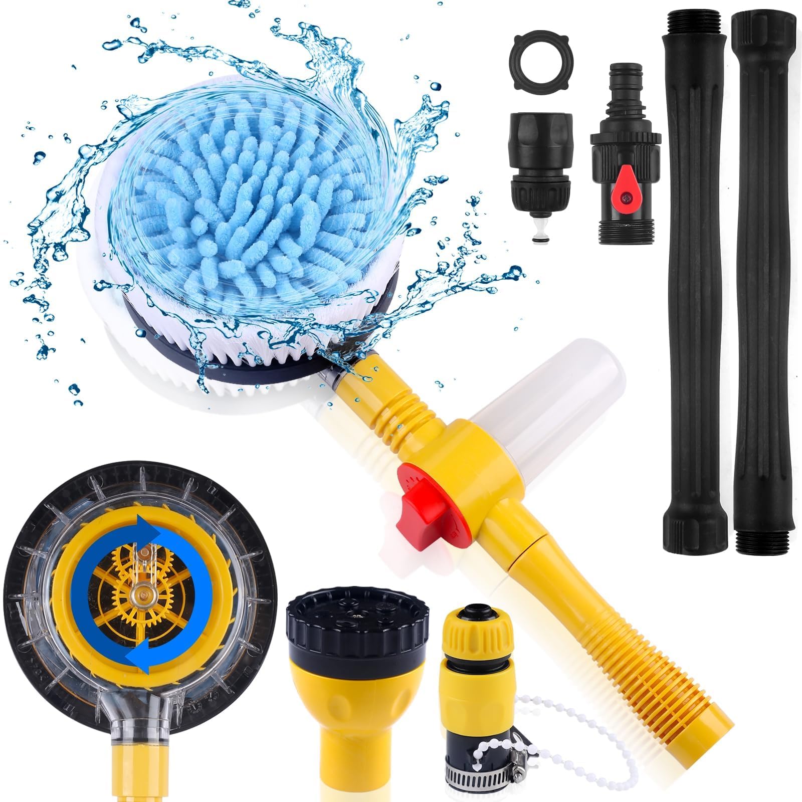 360 Degree Rotating Car Wash Brush with Handle - Detachable & Retractable Hose Attachment, Soap Dispenser - Perfect for Car, Yard, Garden & Pet Cleaning - Water-Saving Car Washing Kit for Home & Outdoor Use