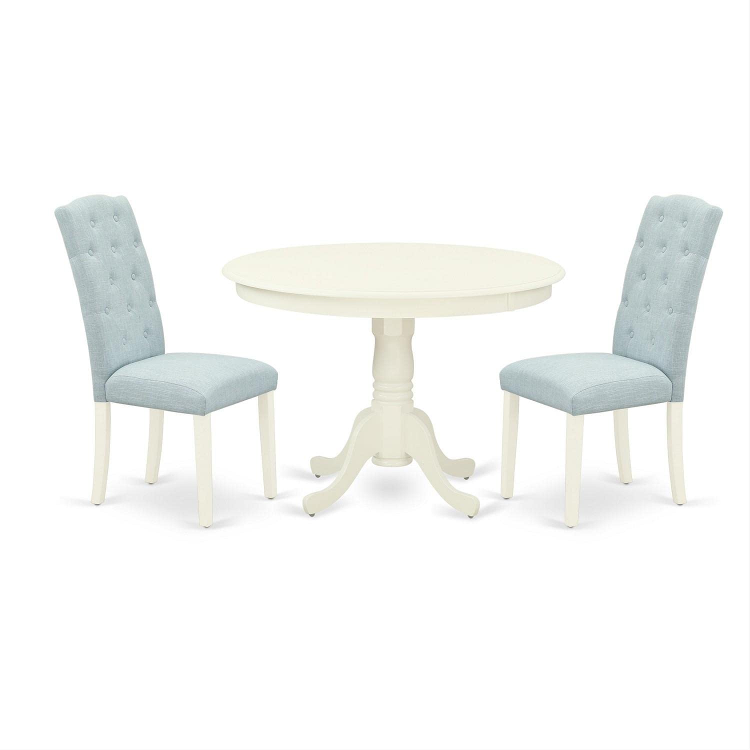 East West Furniture HLCE3-LWH-15 3-Piece Round Dining Set with Pedestal Table & 2 Baby Blue Linen Chairs, 42x42 Inch, Linen White - Perfect for Small Spaces, Breakfast Nooks & Cozy Apartments