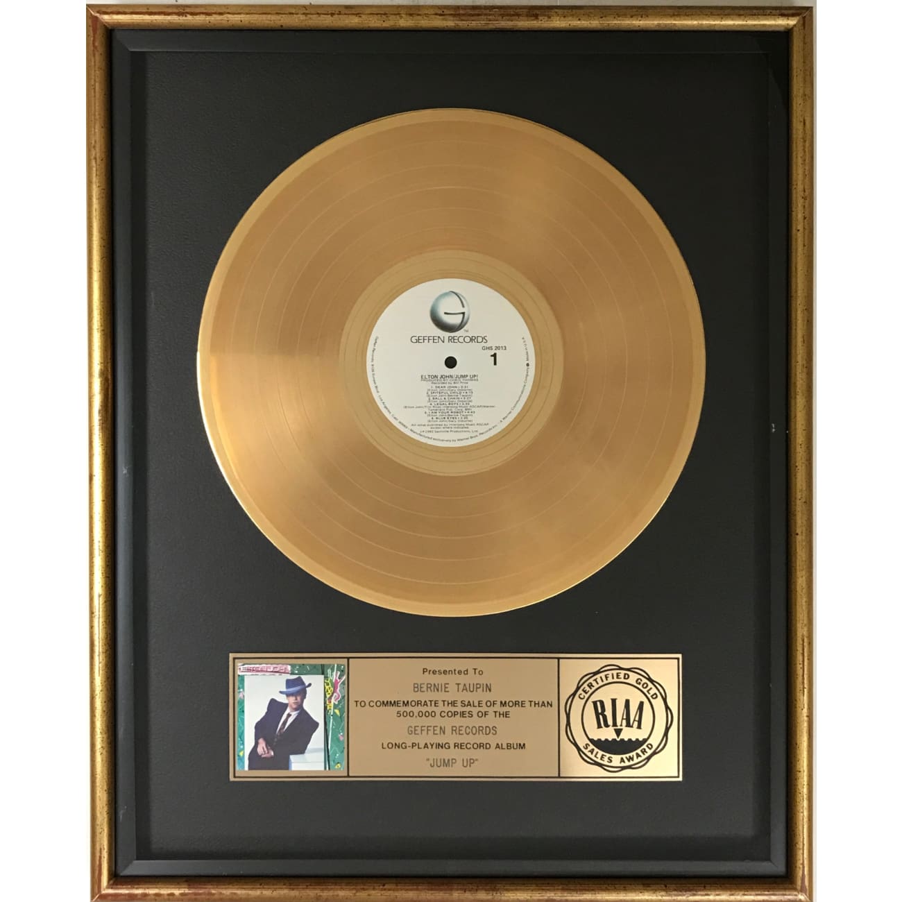 Elton John Jump Up! RIAA Gold Album Award Presented to Bernie Taupin - Rare Collectible Music Memorabilia for Fans & Display