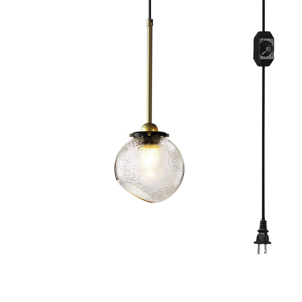 Modern Plug-in Hanging Swag Lamp - No Wiring Needed, Dimmable Pendant Light with 15ft Cord & UL On/Off Dimmer Switch, Raised Grain Globe Glass (Bulbs Not Included) - Perfect for Kitchen, Dining Room, Bedroom or Living Room Lighting Decor