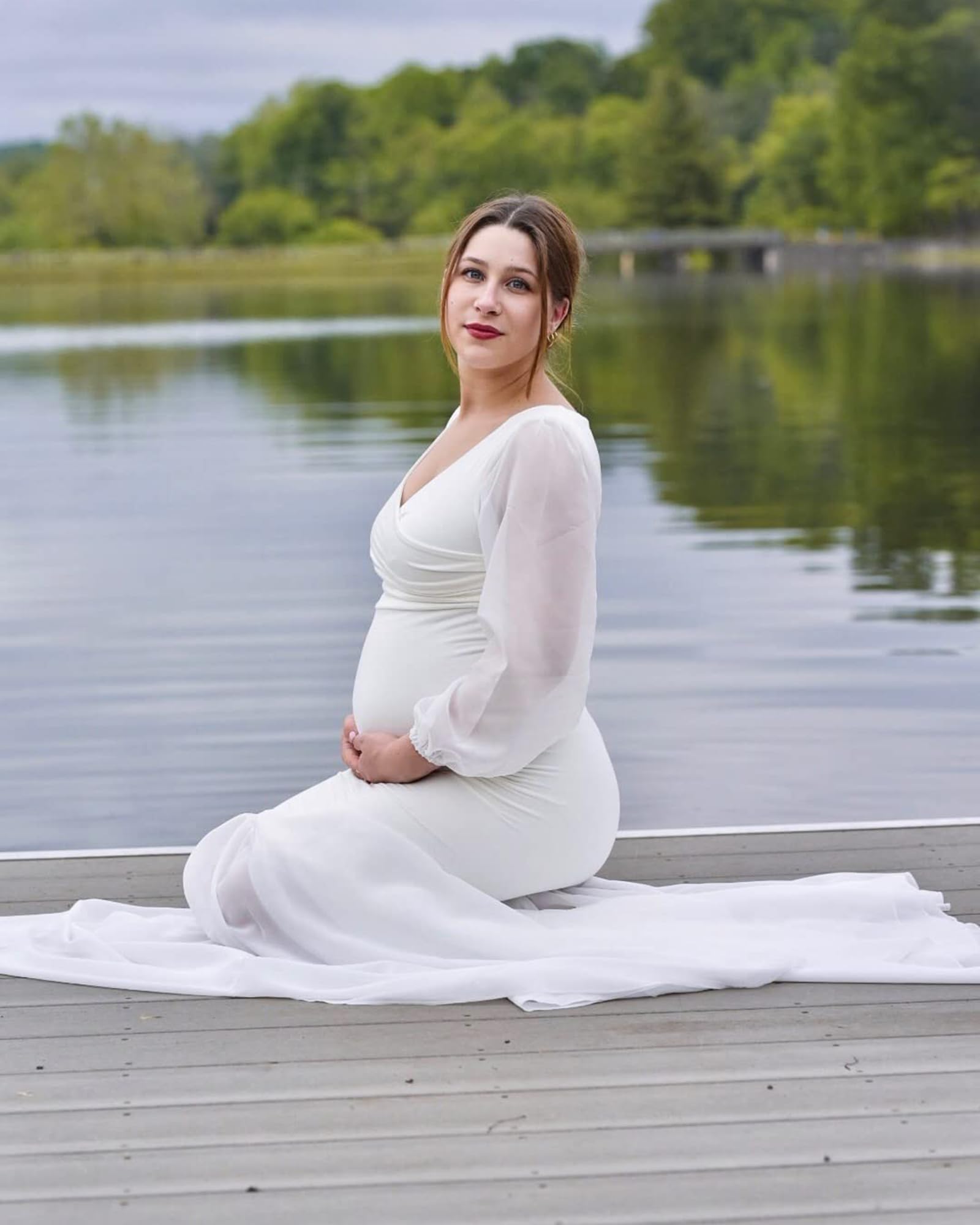 Saslax Elegant Long Sleeve Chiffon Mermaid Maternity Dress for Photoshoot, Baby Shower, Pregnancy Photos, and Special Occasions