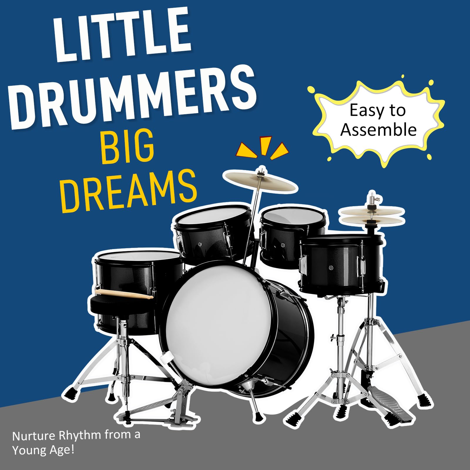 **Ktaxon 5-Piece Complete Junior Drum Set – 16 Inch Kids Drum Kit with Throne Stool, Pedal & Drumsticks – Includes Cymbal, Hi-Hat, Floor Tom, Snare Drum – Perfect for Beginners & Young Musicians (Black) – Ideal for Home Practice, Music Lessons & Kids' Performances**
