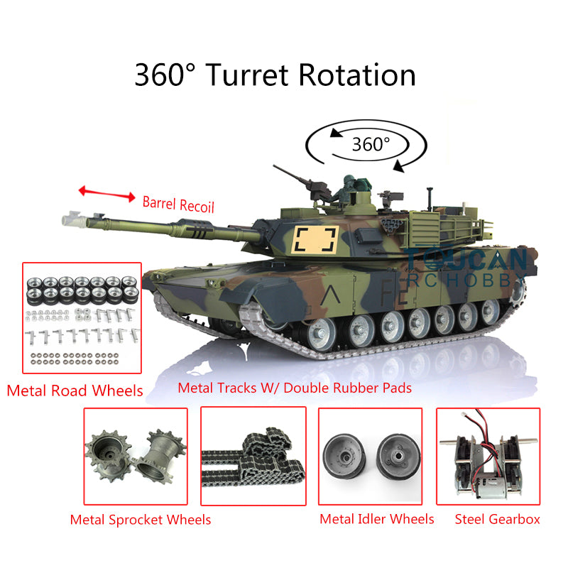 1/16 Scale 7.0 Henglong Abrams M1A2 RTR RC Tank - 360° Rotating Turret, Barrel Recoil, Metal Tracks & Wheels with Rubber Pads - Realistic Military Model for Outdoor Play & Collection