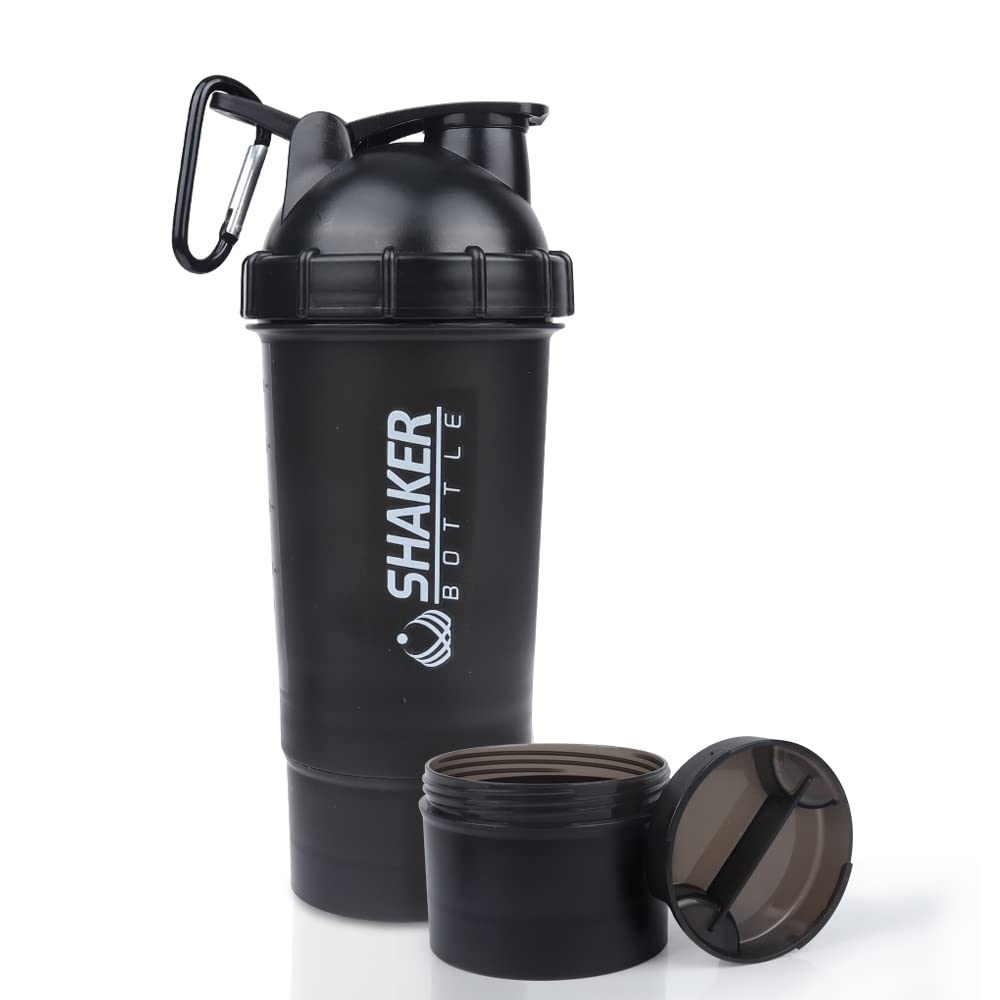 CELECTPRO 20oz Protein Shaker Bottle - Leak Proof Workout Water Bottle with Pill Organizer & 5oz Storage - BPA Free Gym Shaker Cup for Protein Powder, Pre Workout & Smoothies - Perfect for Fitness, Bodybuilding & Post-Workout Recovery (Black)