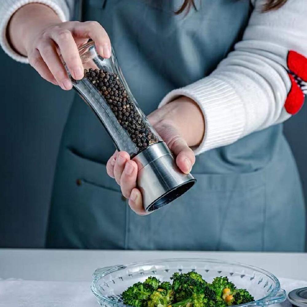Premium Stainless Steel & Glass Salt and Pepper Grinder Set - Adjustable Coarseness, Refillable Tall Mills for Sea Salt, Black Peppercorn & Spices (2-Piece) - Perfect for Kitchen, Dining Table & Gourmet Cooking