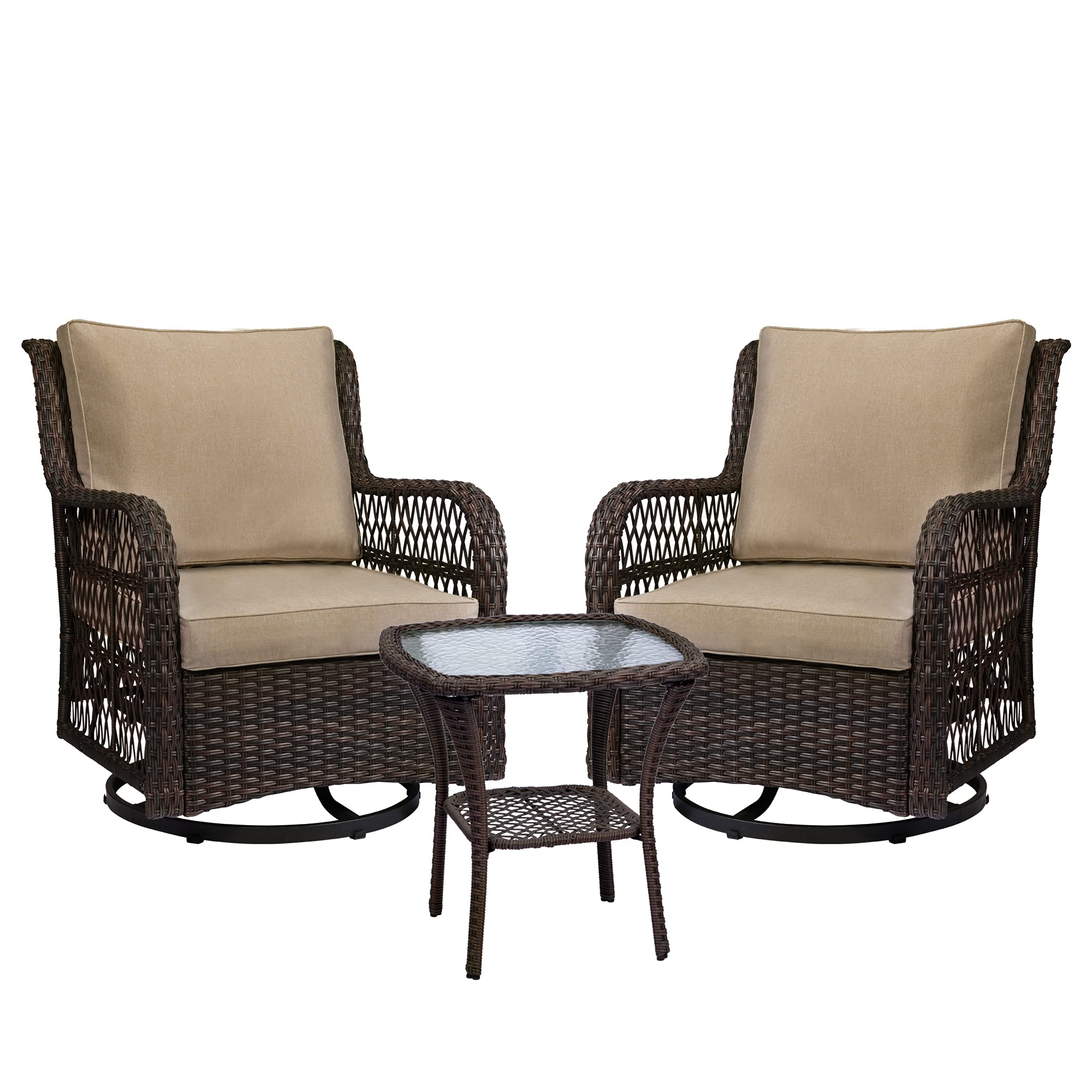 Amyove 3-Piece Outdoor Swivel Rocker Patio Furniture Set - 2 Wicker Bistro Chairs with Premium Cushions & Matching Side Table, Beige - Perfect for Garden, Poolside, Deck or Balcony Relaxation