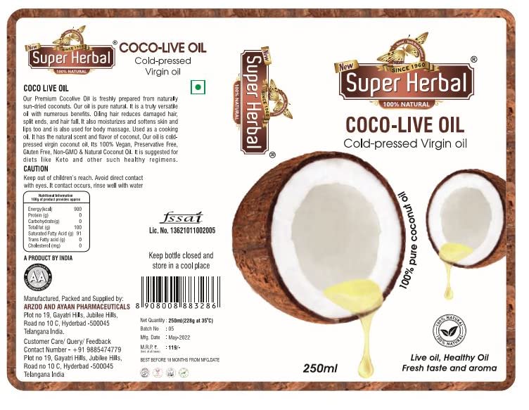 Premium Organic Cold-Pressed Virgin Coconut Oil - 100% Pure Natural Herbal COCO-LIVE Oil (2 Pack) for Cooking, Skin Care & Hair Treatment